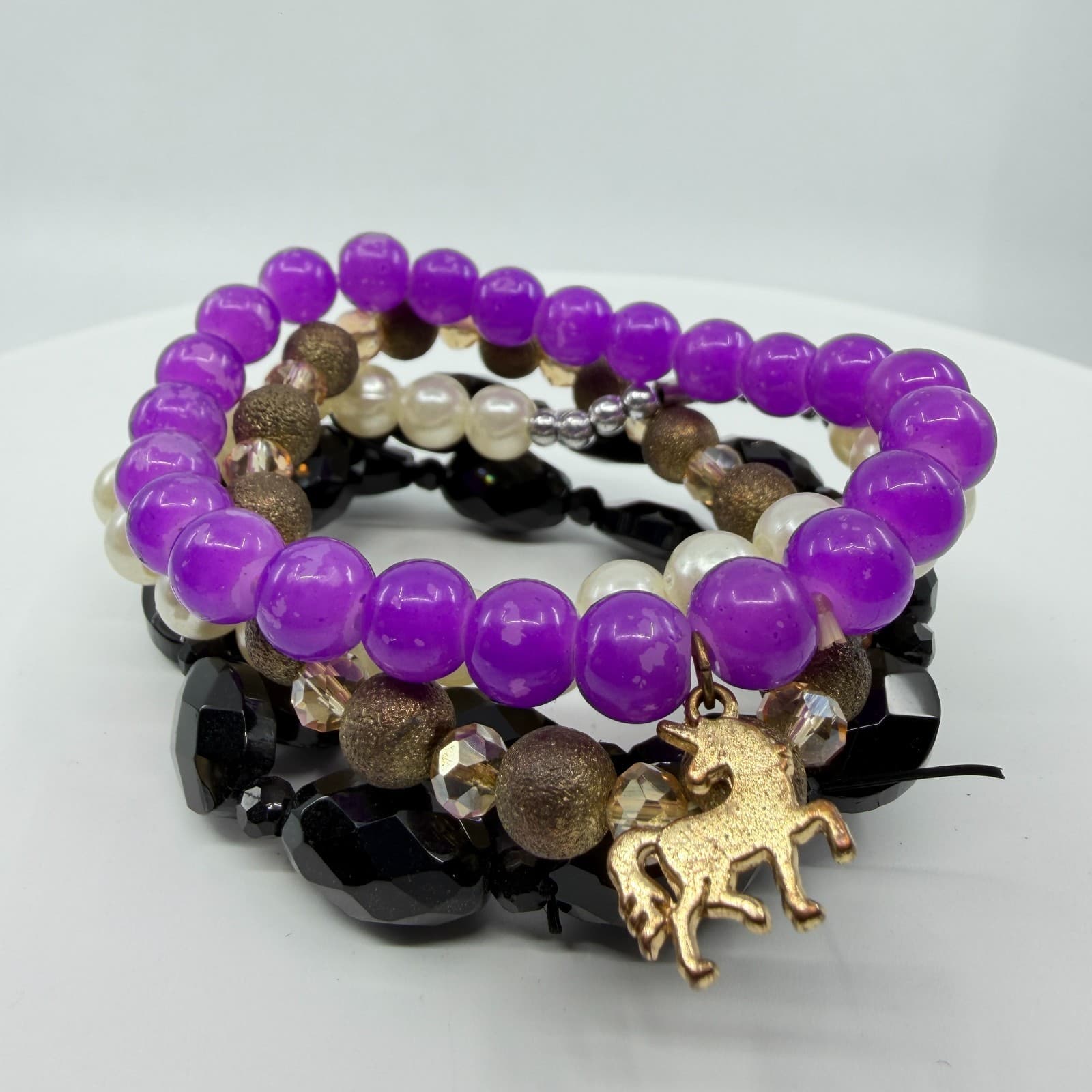 Stacking Bracelet Set Purple Black Faux Pearl Unicorn Charm Layering Boho Trendy - Thumbnail 2
