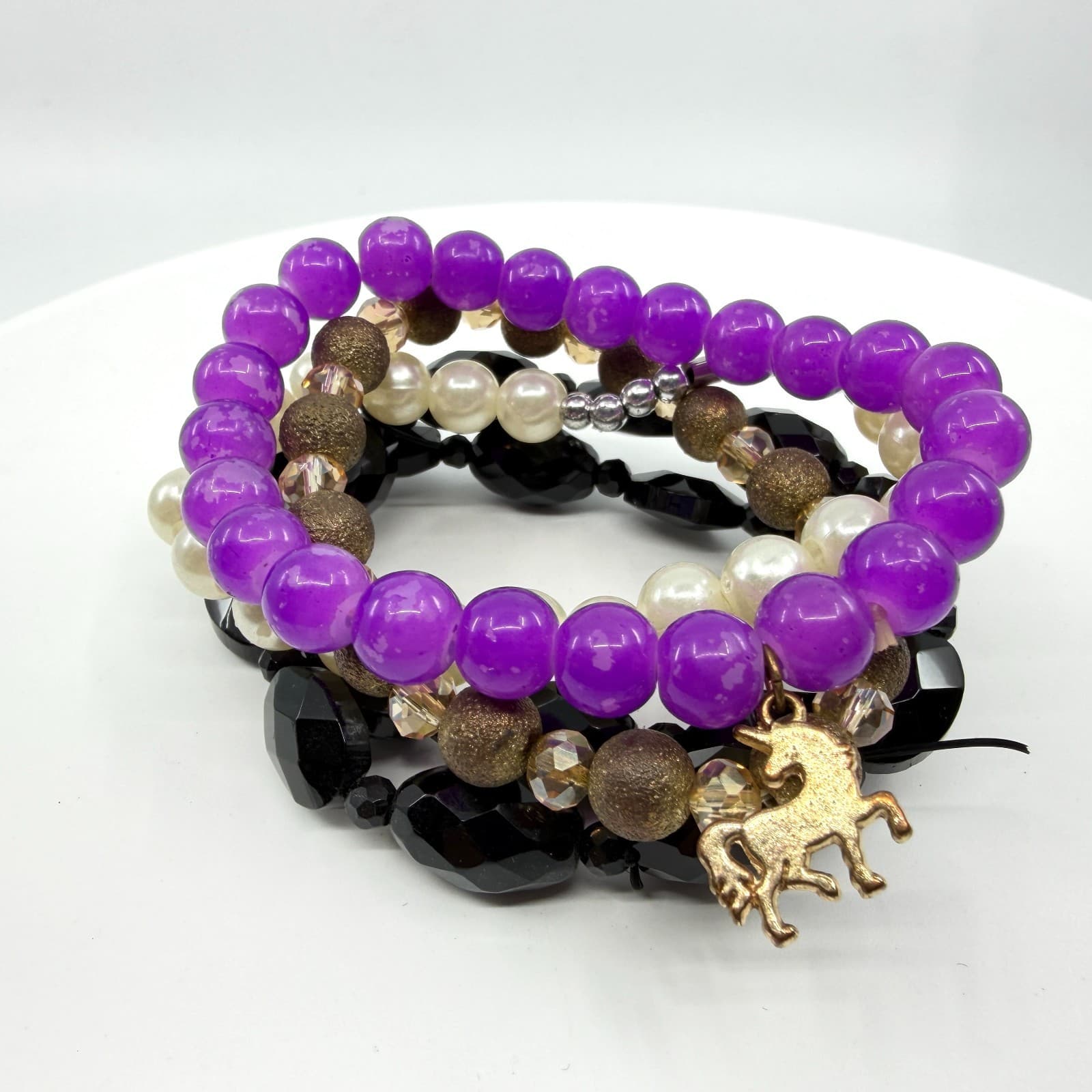 Stacking Bracelet Set Purple Black Faux Pearl Unicorn Charm Layering Boho Trendy
