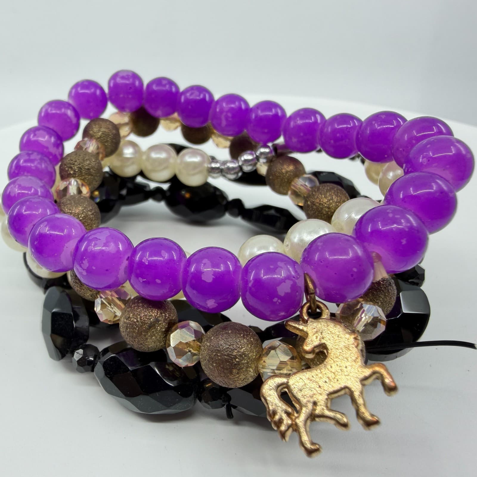 Stacking Bracelet Set Purple Black Faux Pearl Unicorn Charm Layering Boho Trendy - Thumbnail 5