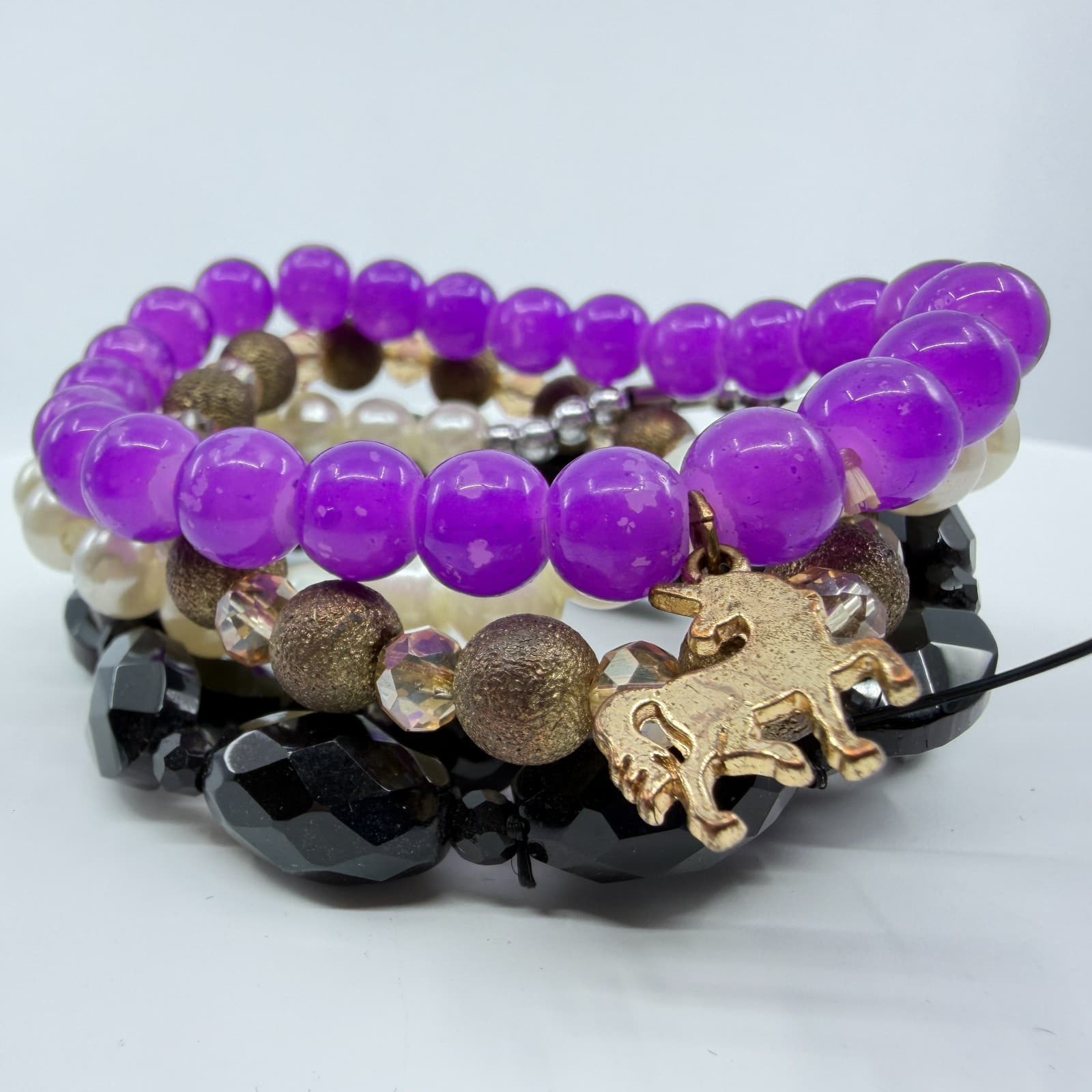 Stacking Bracelet Set Purple Black Faux Pearl Unicorn Charm Layering Boho Trendy - Thumbnail 6