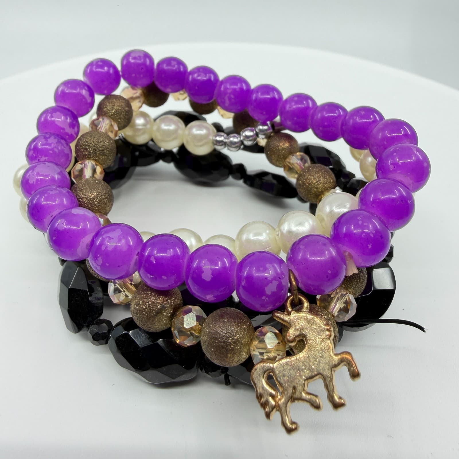 Stacking Bracelet Set Purple Black Faux Pearl Unicorn Charm Layering Boho Trendy - Thumbnail 3
