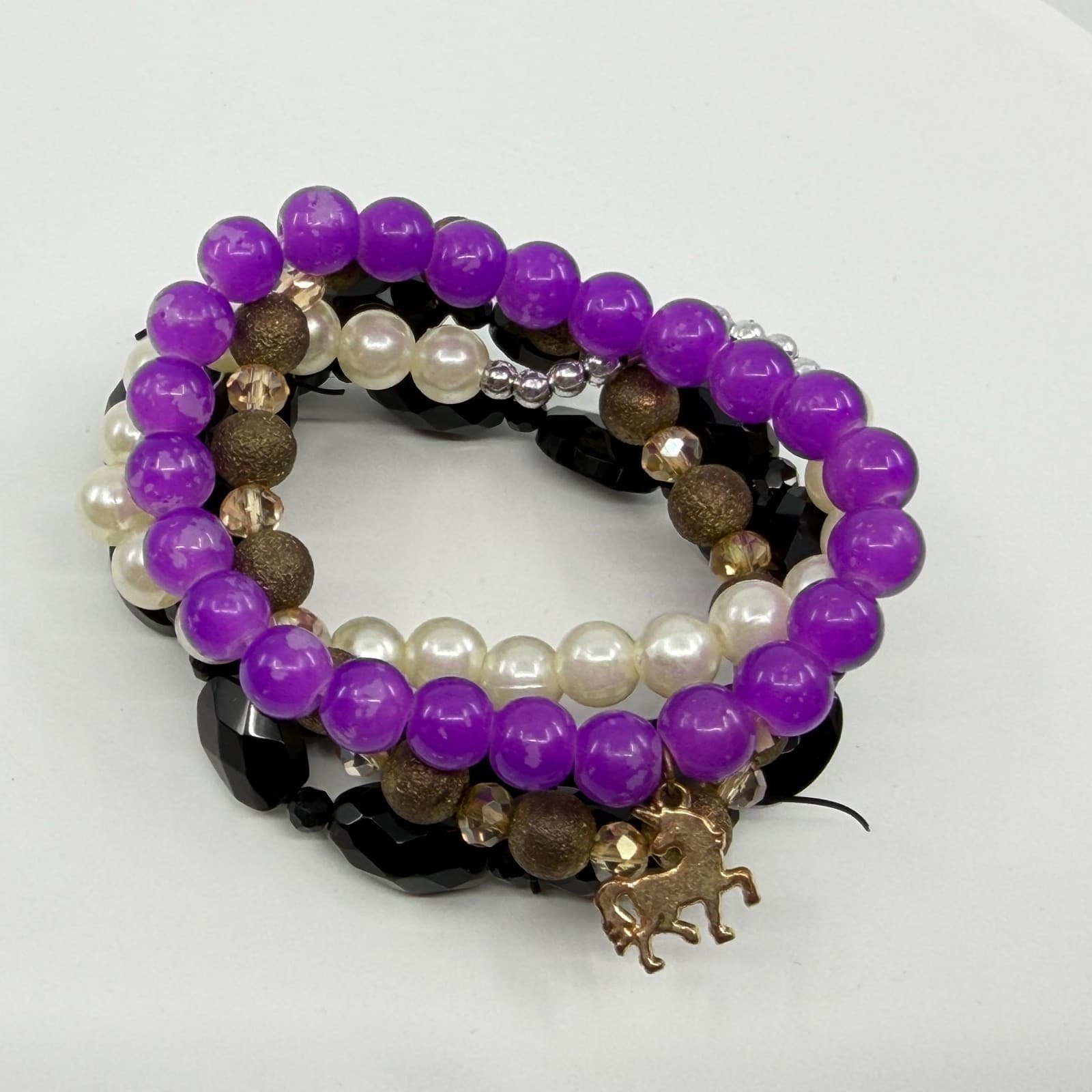 Stacking Bracelet Set Purple Black Faux Pearl Unicorn Charm Layering Boho Trendy - Thumbnail 7