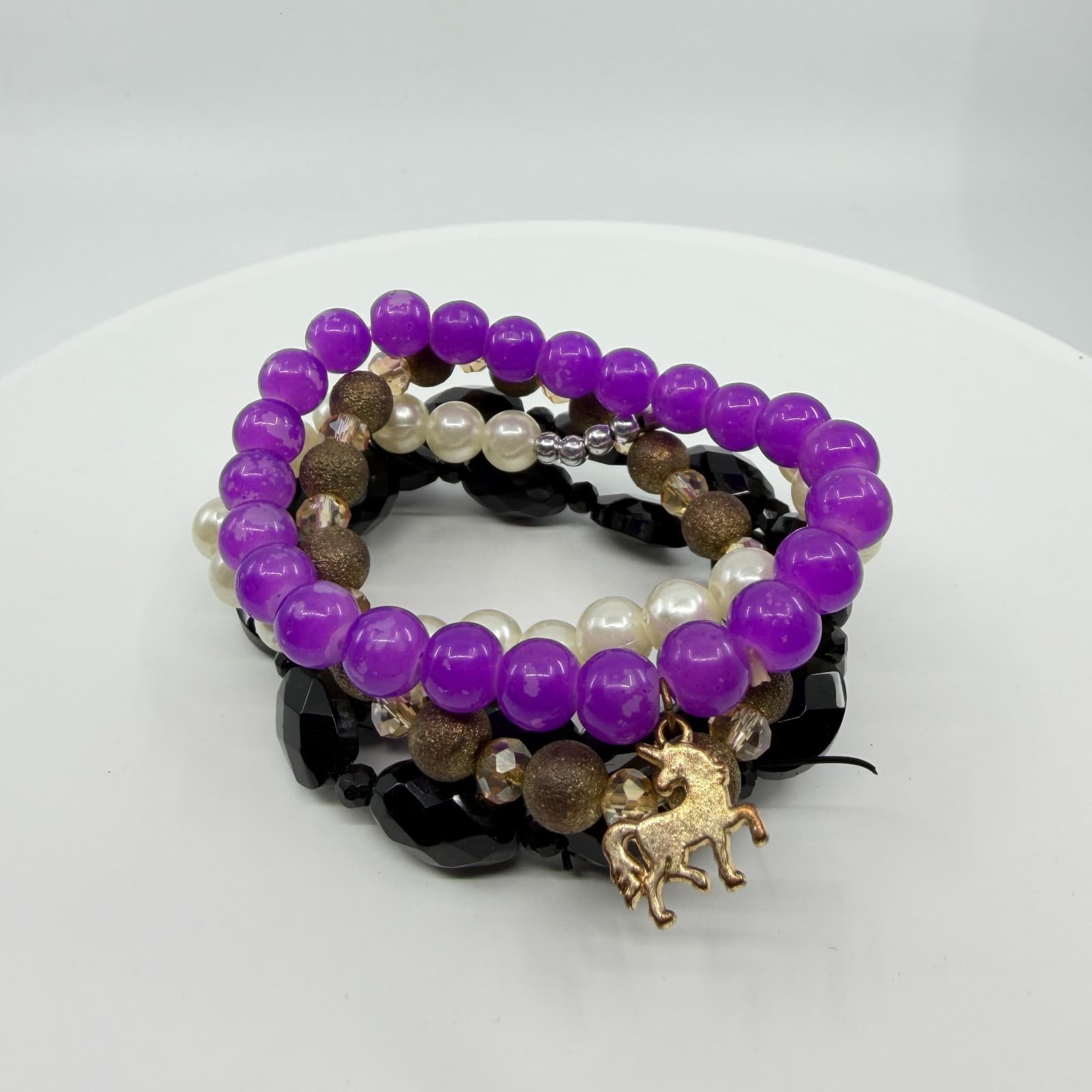 Stacking Bracelet Set Purple Black Faux Pearl Unicorn Charm Layering Boho Trendy - Thumbnail 4