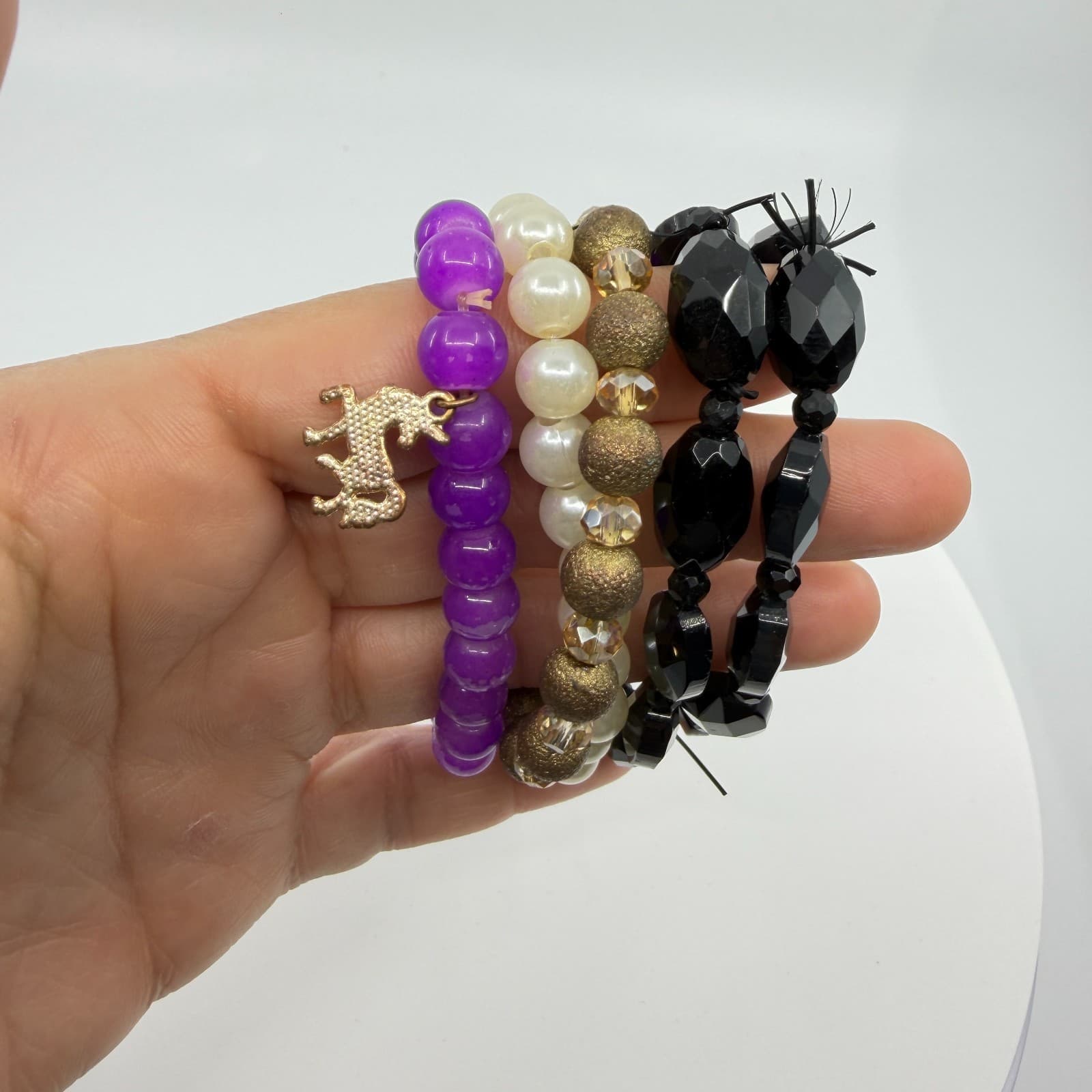 Stacking Bracelet Set Purple Black Faux Pearl Unicorn Charm Layering Boho Trendy - Thumbnail 8