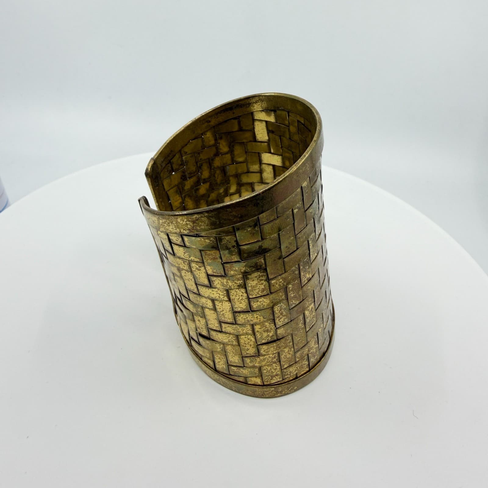 Wide Gold Tone Woven Metal Cuff Bracelet Statement Textured Boho Festival Style - Thumbnail 4