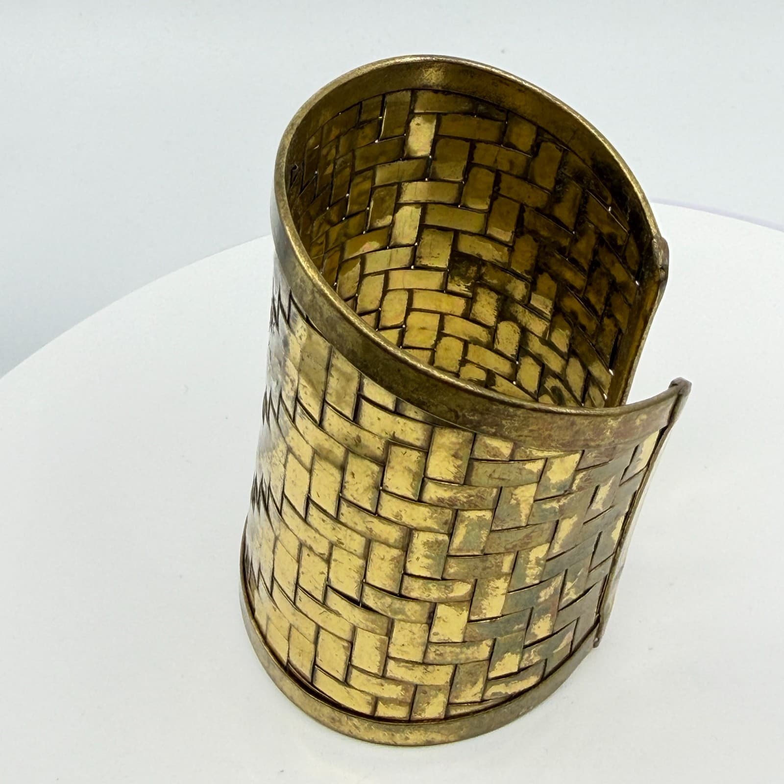 Wide Gold Tone Woven Metal Cuff Bracelet Statement Textured Boho Festival Style - Thumbnail 6