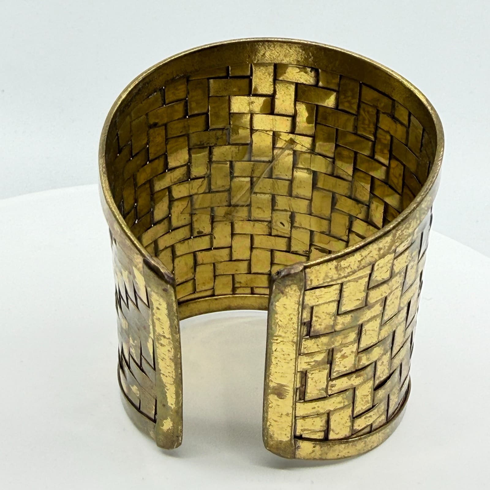 Wide Gold Tone Woven Metal Cuff Bracelet Statement Textured Boho Festival Style - Thumbnail 5