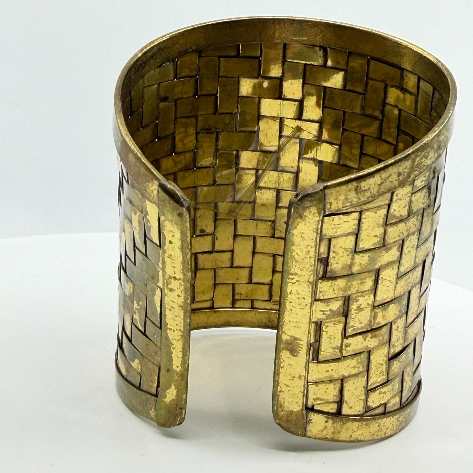 Wide Gold Tone Woven Metal Cuff Bracelet Statement Textured Boho Festival Style
