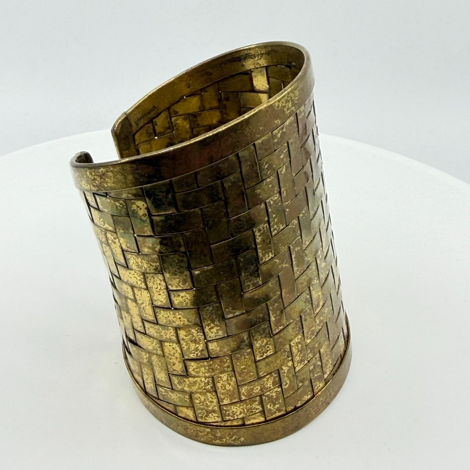 Wide Gold Tone Woven Metal Cuff Bracelet Statement Textured Boho Festival Style - Thumbnail 8