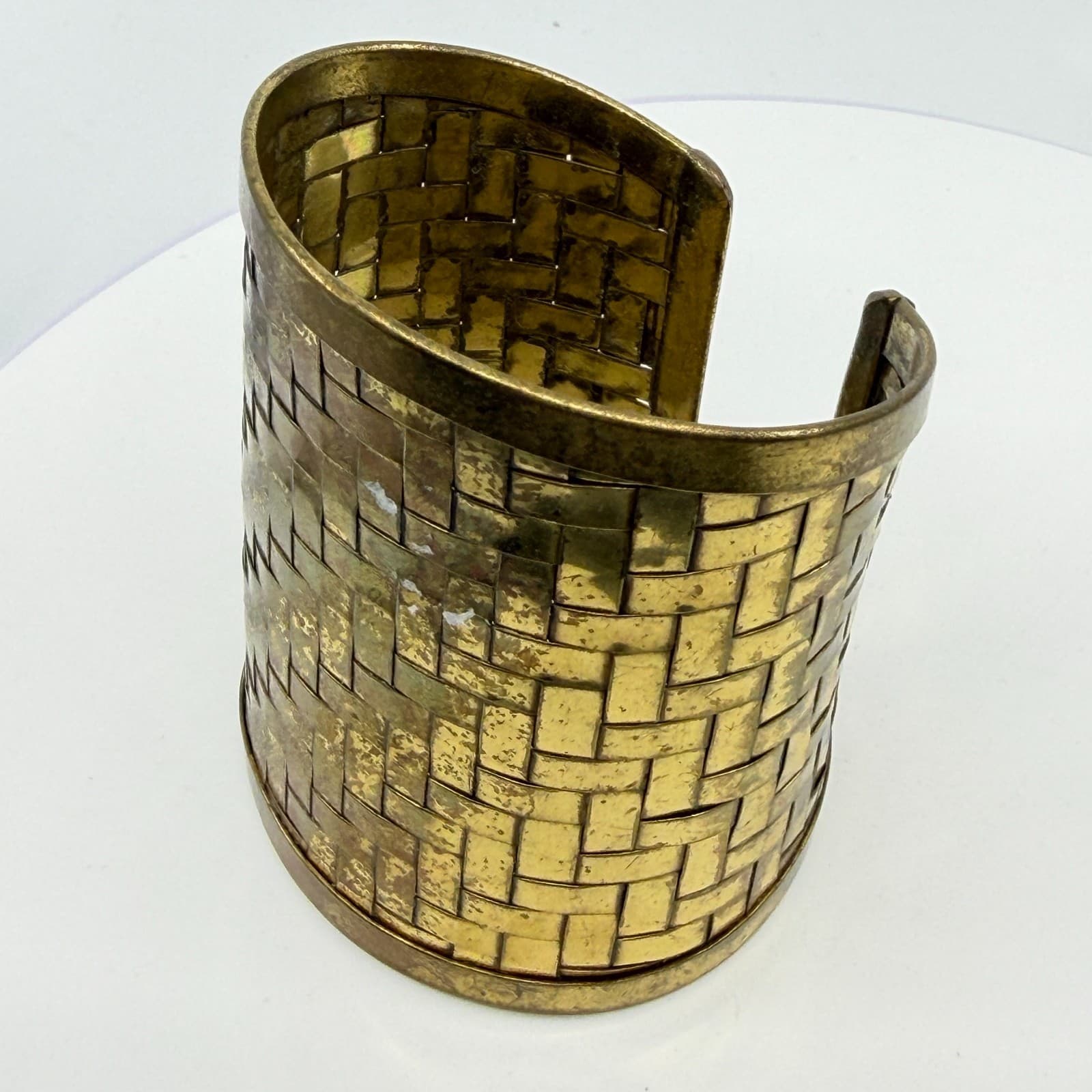 Wide Gold Tone Woven Metal Cuff Bracelet Statement Textured Boho Festival Style - Thumbnail 7