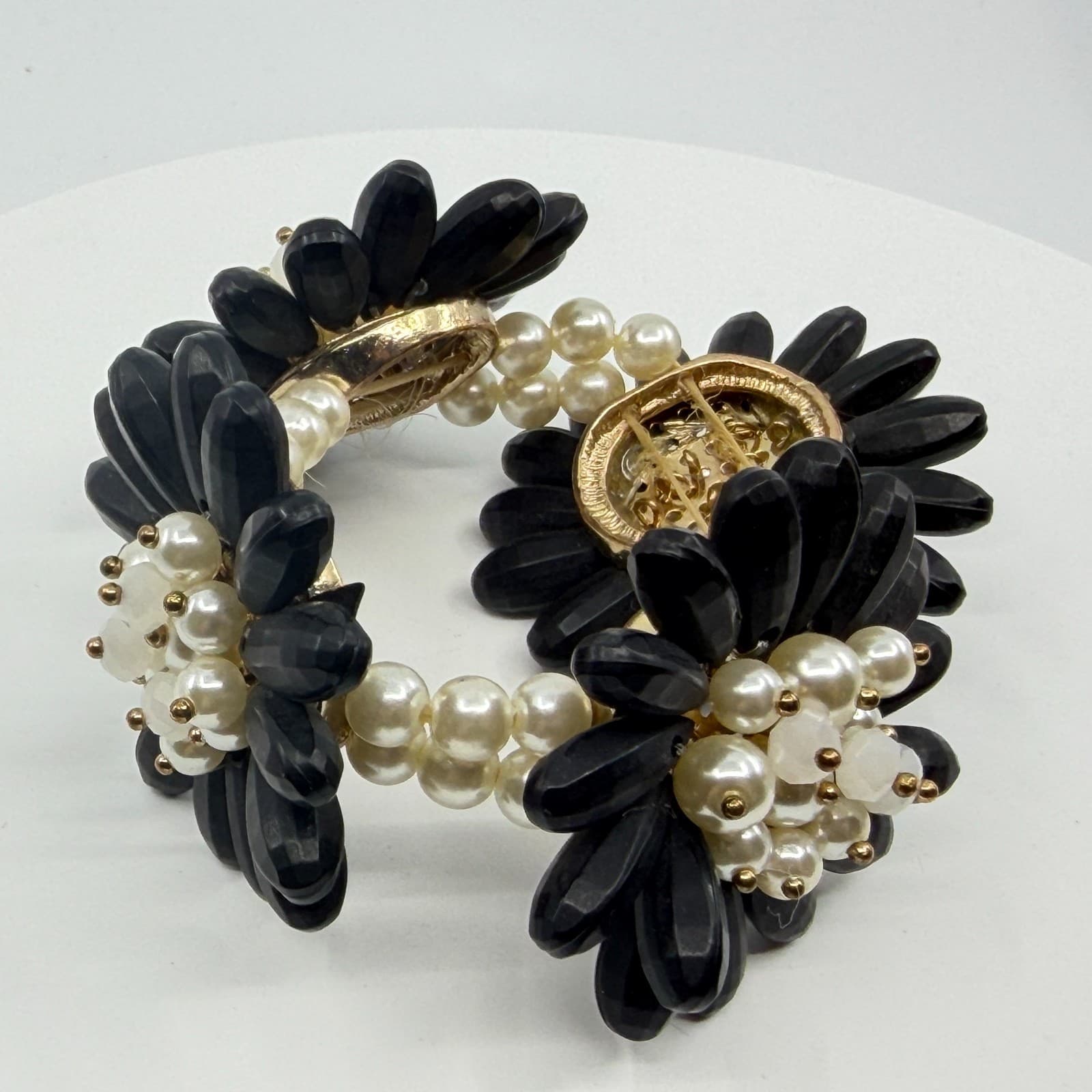Black Flower Statement Bracelet Faux Pearl Beaded Chunky Floral Cuff Romantic - Thumbnail 5