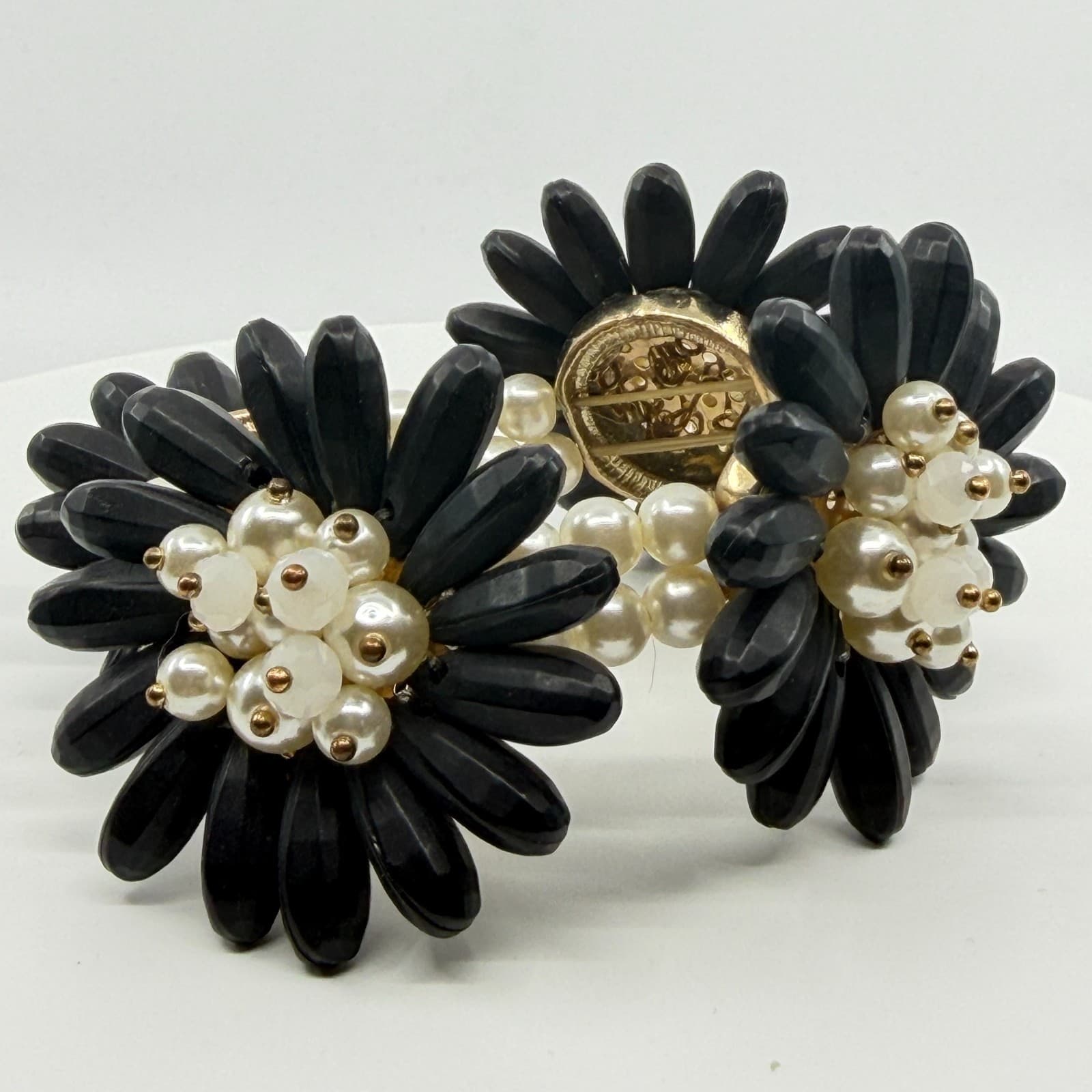 Black Flower Statement Bracelet Faux Pearl Beaded Chunky Floral Cuff Romantic - Thumbnail 8
