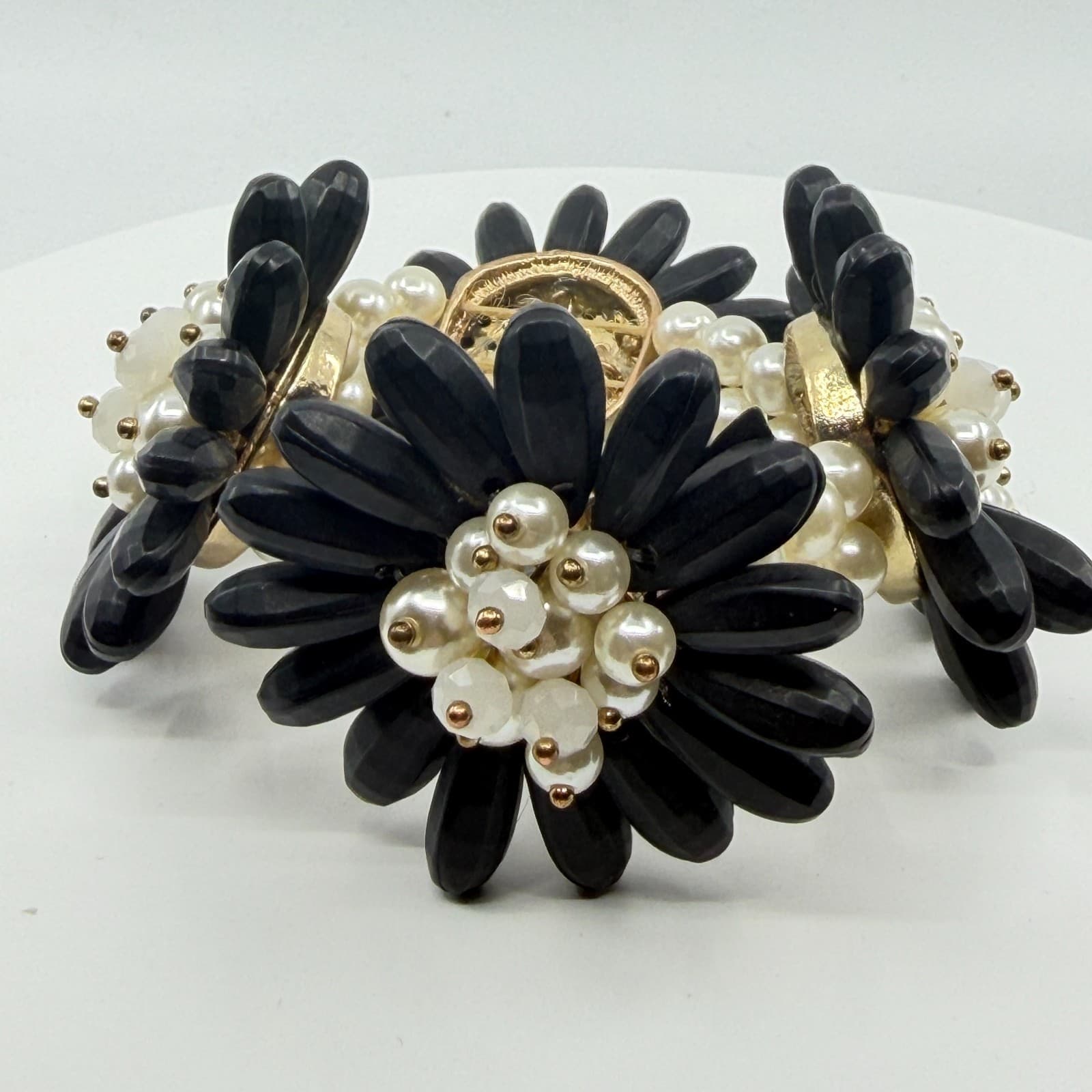 Black Flower Statement Bracelet Faux Pearl Beaded Chunky Floral Cuff Romantic - Thumbnail 3
