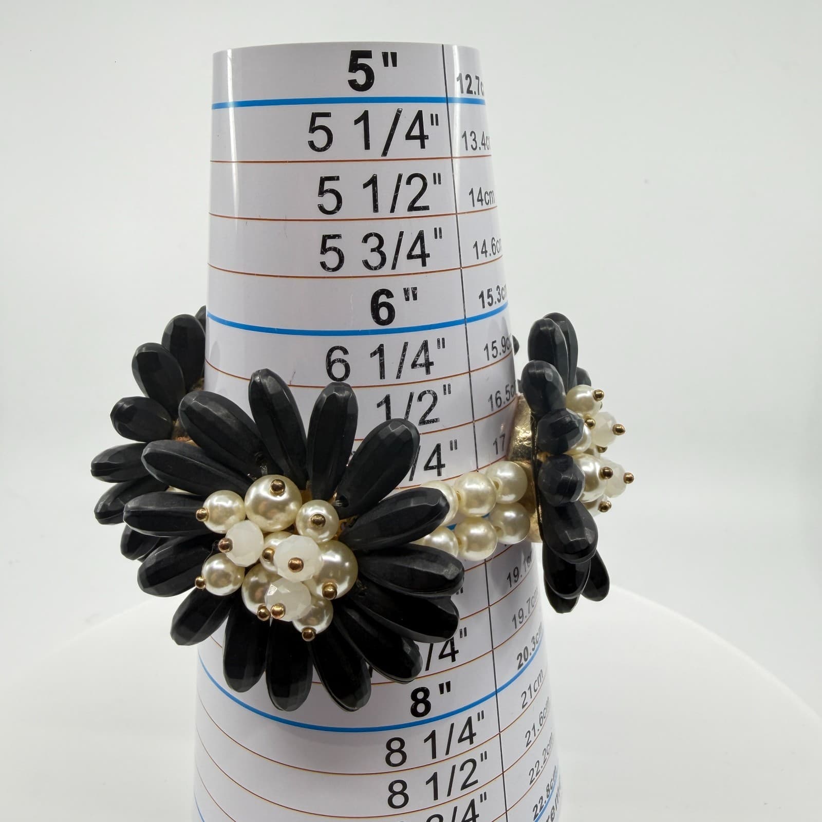 Black Flower Statement Bracelet Faux Pearl Beaded Chunky Floral Cuff Romantic - Thumbnail 10