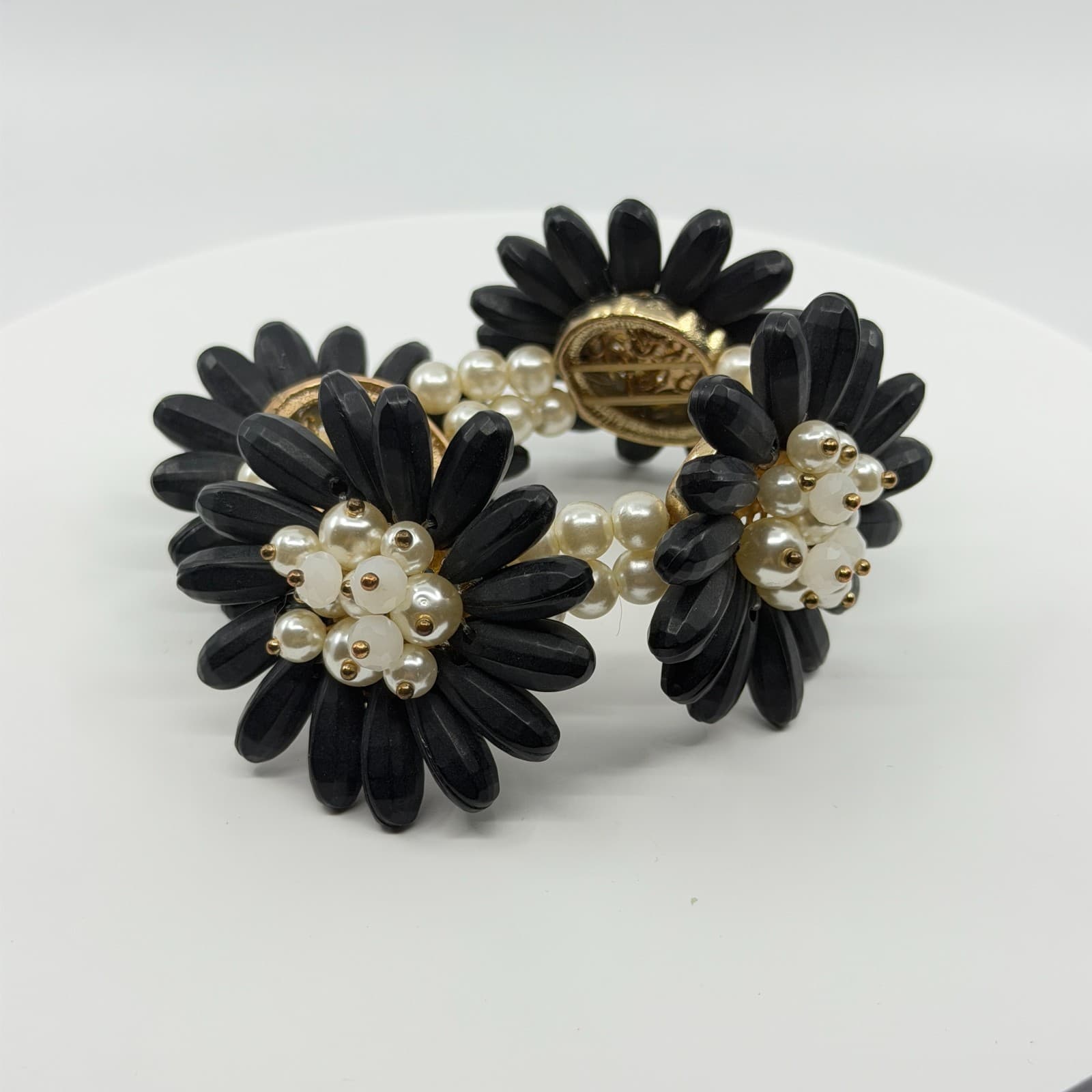 Black Flower Statement Bracelet Faux Pearl Beaded Chunky Floral Cuff Romantic - Thumbnail 9