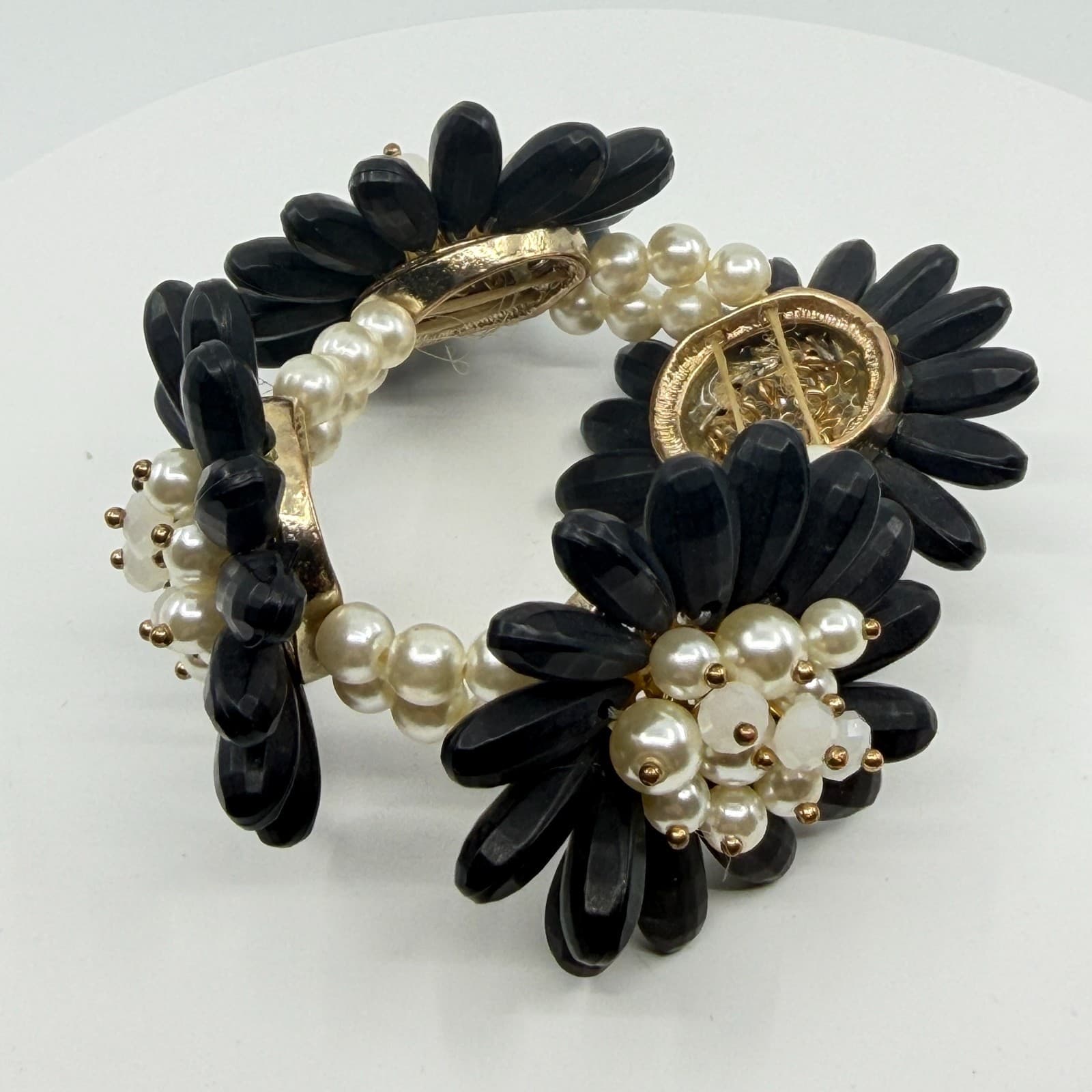 Black Flower Statement Bracelet Faux Pearl Beaded Chunky Floral Cuff Romantic - Thumbnail 6