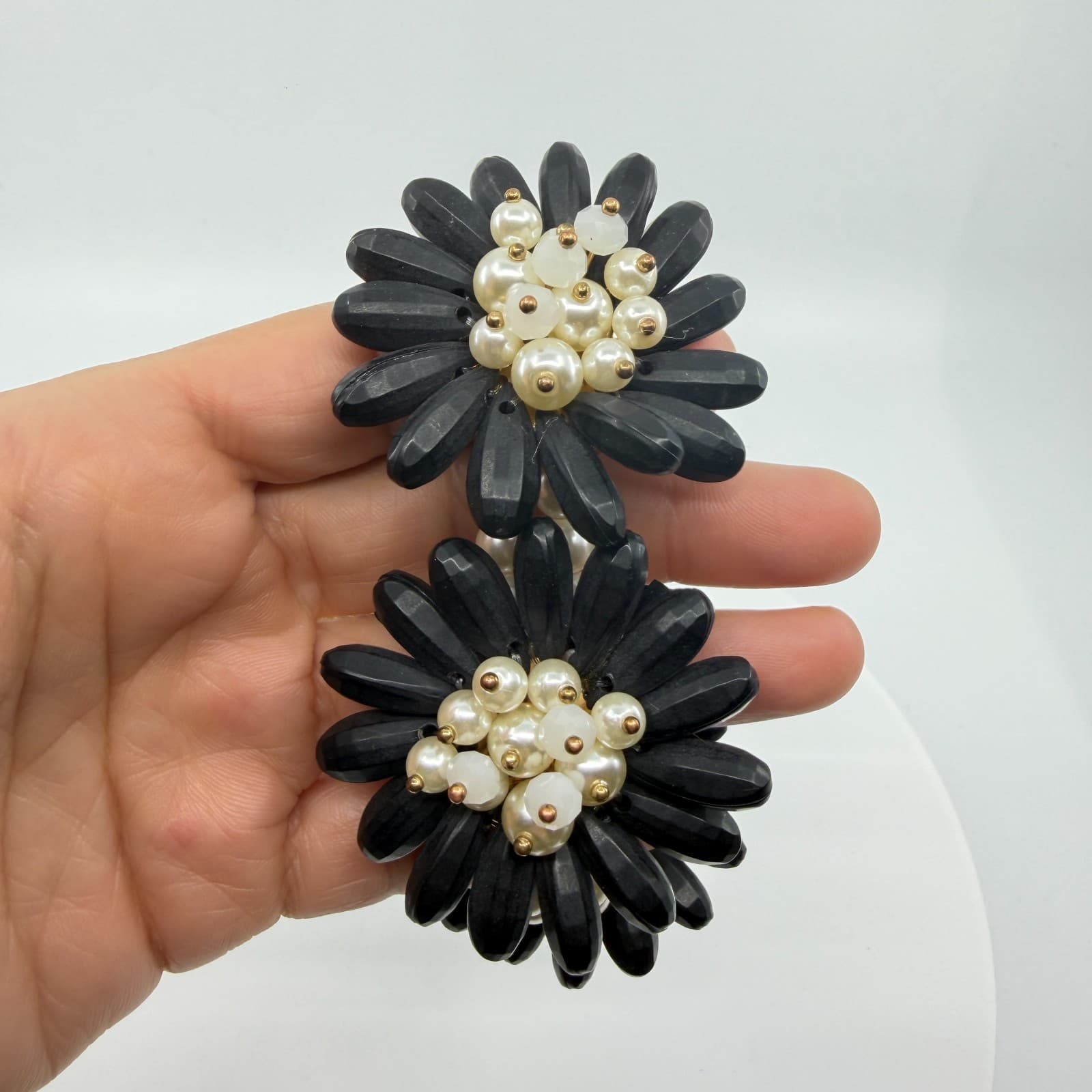 Black Flower Statement Bracelet Faux Pearl Beaded Chunky Floral Cuff Romantic - Thumbnail 2