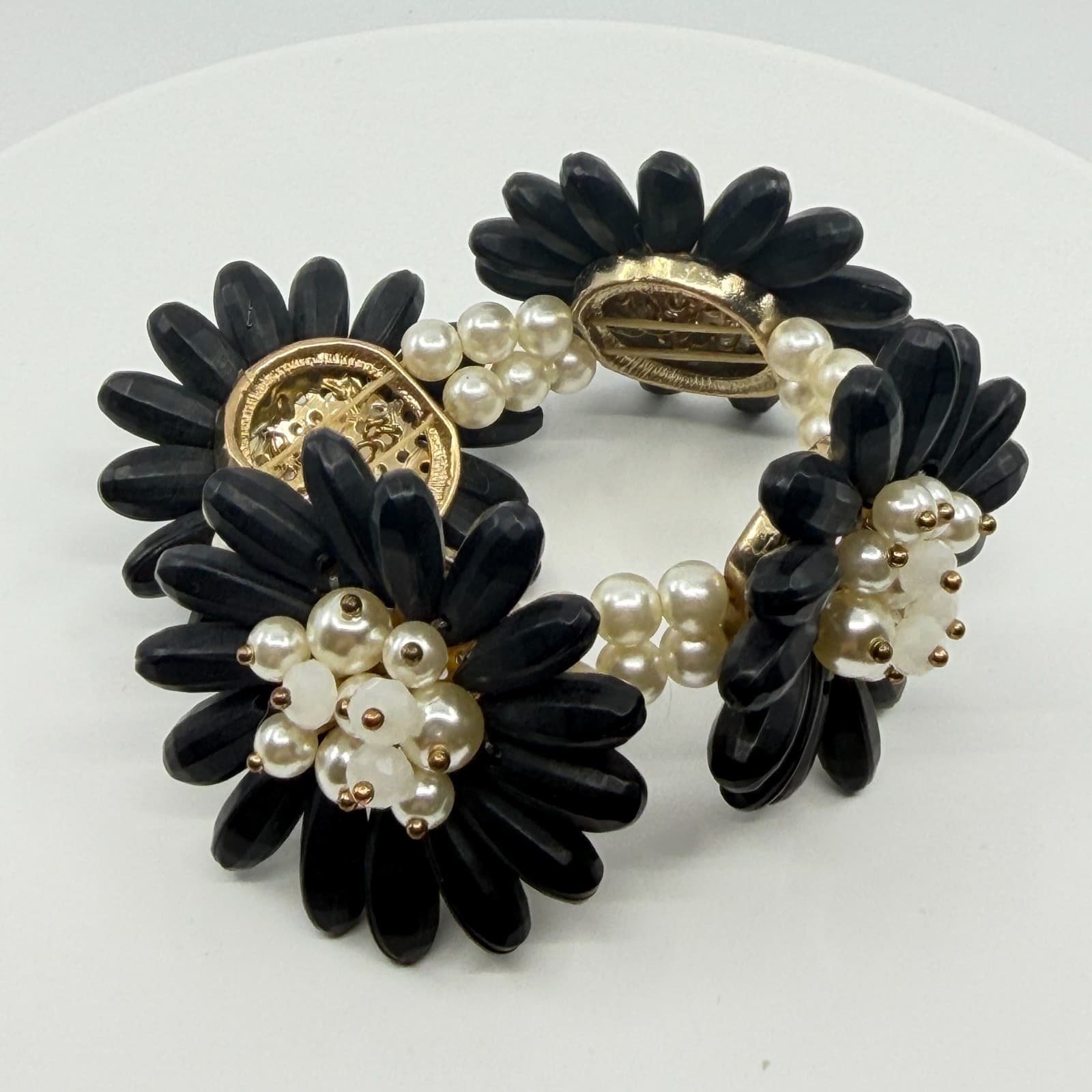 Black Flower Statement Bracelet Faux Pearl Beaded Chunky Floral Cuff Romantic - Thumbnail 7