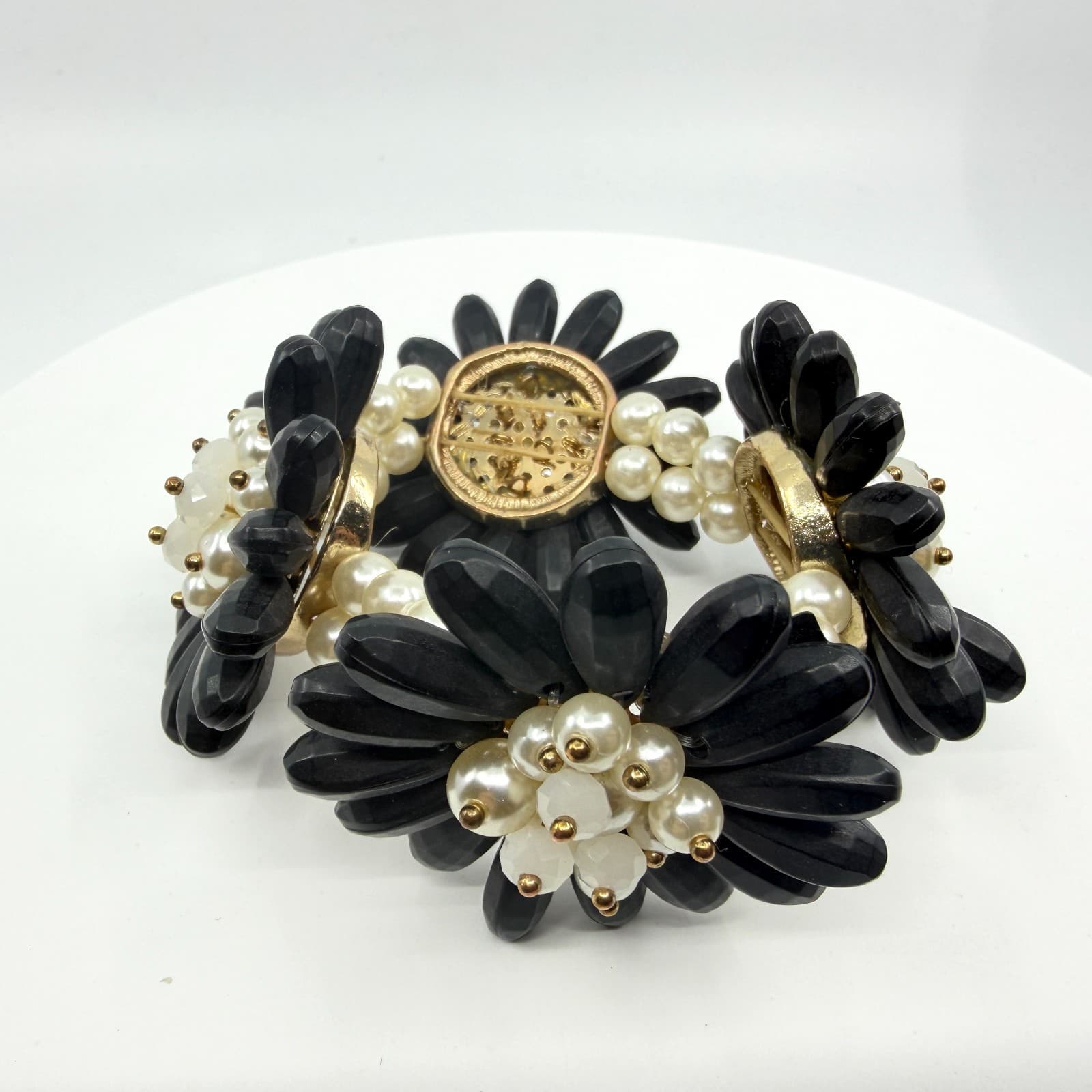 Black Flower Statement Bracelet Faux Pearl Beaded Chunky Floral Cuff Romantic