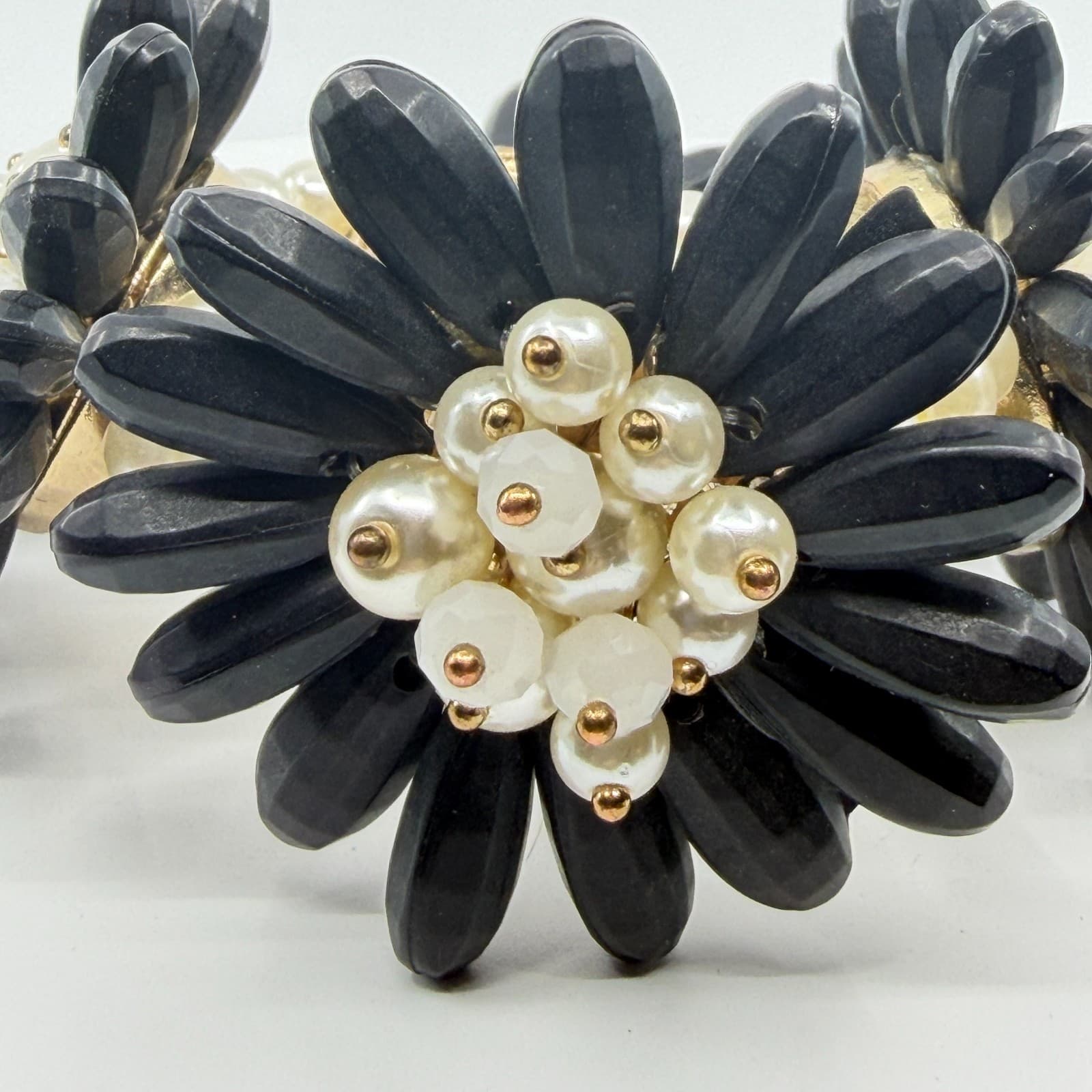 Black Flower Statement Bracelet Faux Pearl Beaded Chunky Floral Cuff Romantic - Thumbnail 4