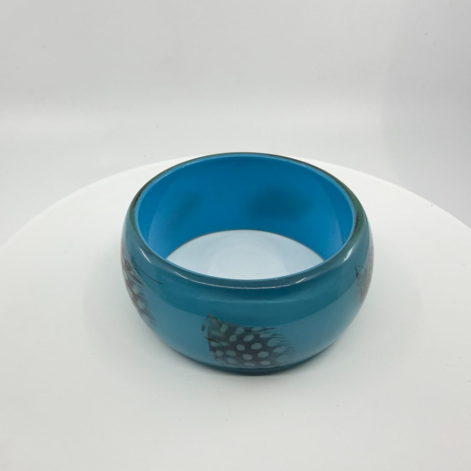 Vibrant Teal Resin Bangle Bracelet with Spotted Feather Accents Boho Statement - Thumbnail 4