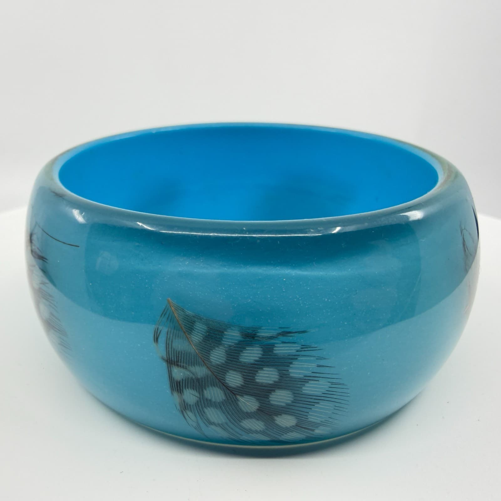 Vibrant Teal Resin Bangle Bracelet with Spotted Feather Accents Boho Statement - Thumbnail 5
