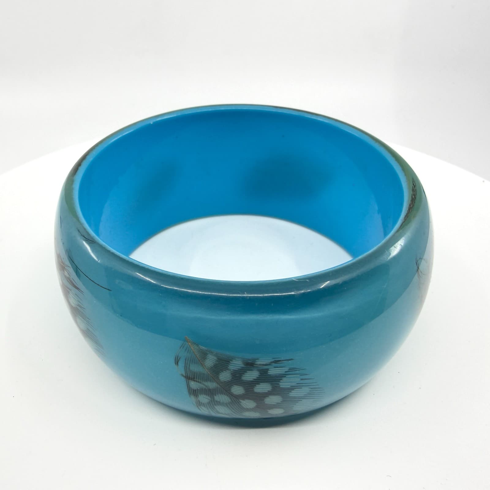 Vibrant Teal Resin Bangle Bracelet with Spotted Feather Accents Boho Statement - Thumbnail 3