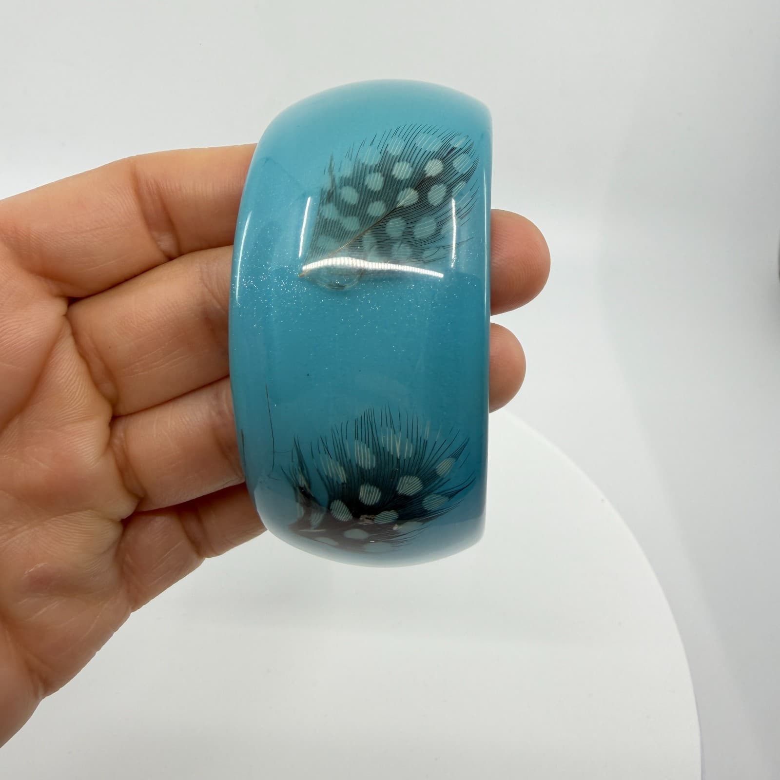 Vibrant Teal Resin Bangle Bracelet with Spotted Feather Accents Boho Statement