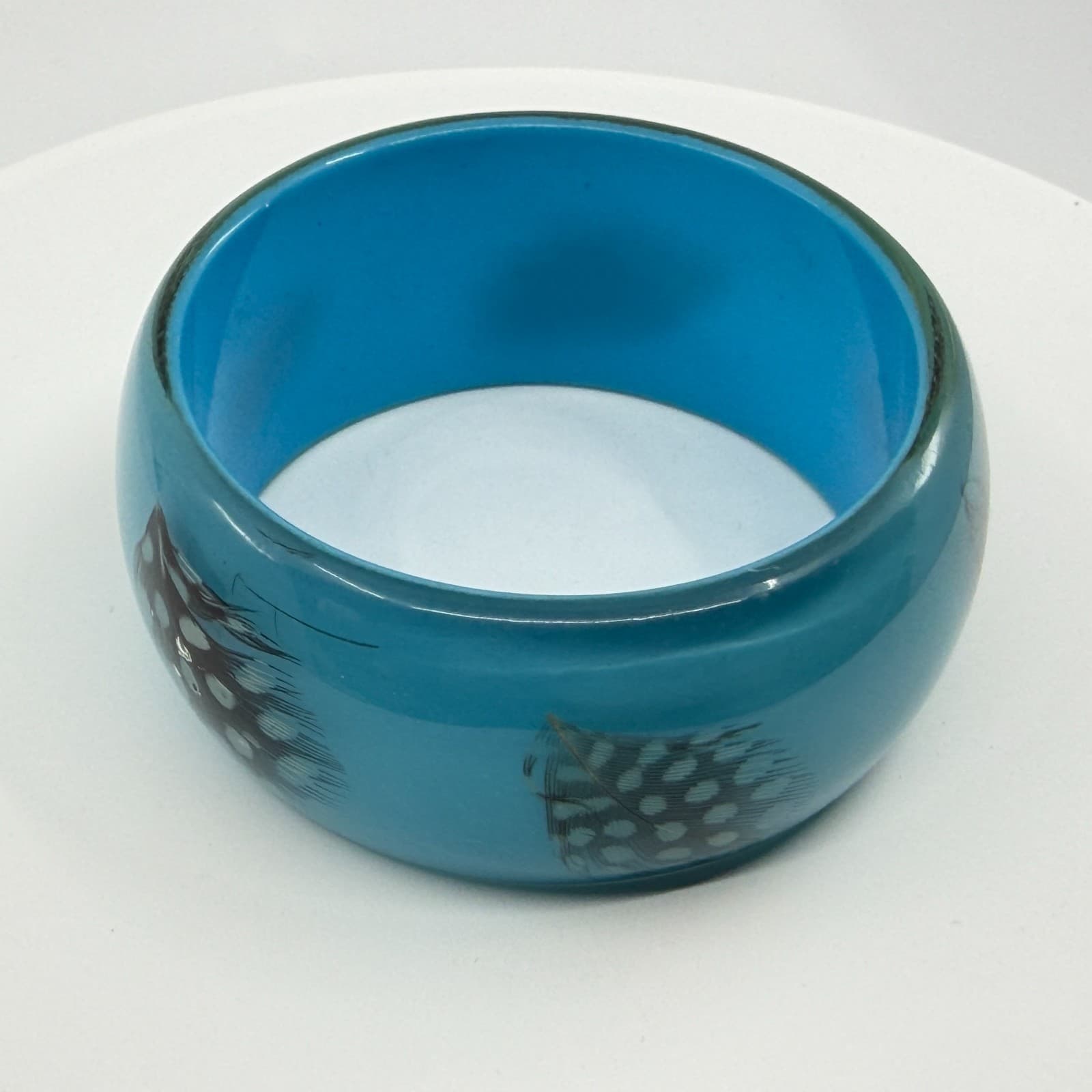 Vibrant Teal Resin Bangle Bracelet with Spotted Feather Accents Boho Statement - Thumbnail 2