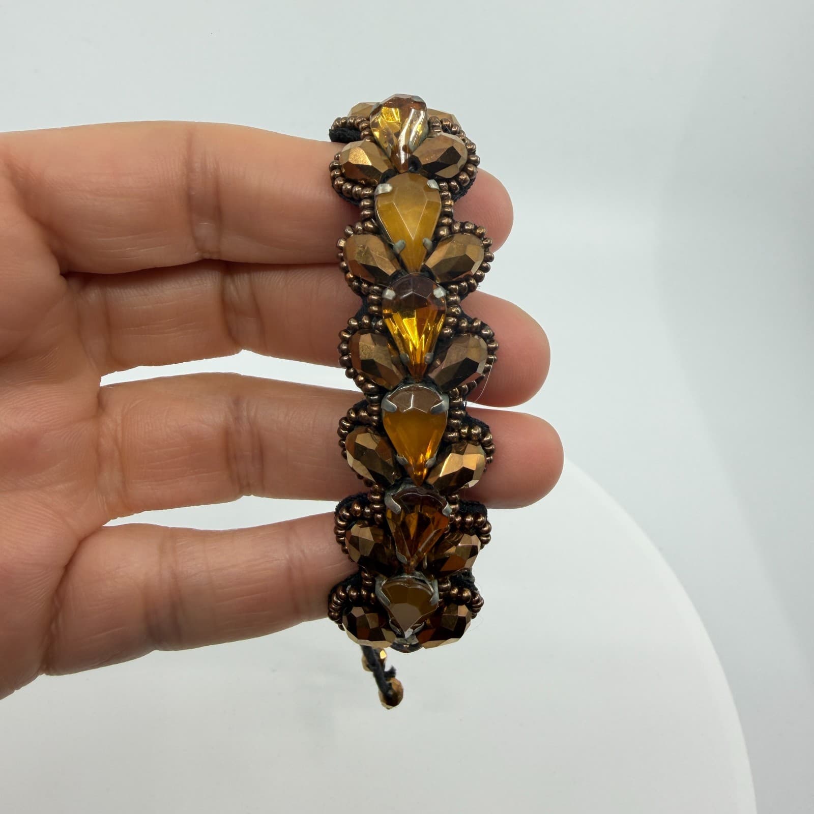 Boho Bronze Tone Teardrop Crystal Beaded Bracelet Layering Festival Jewelry - Thumbnail 7