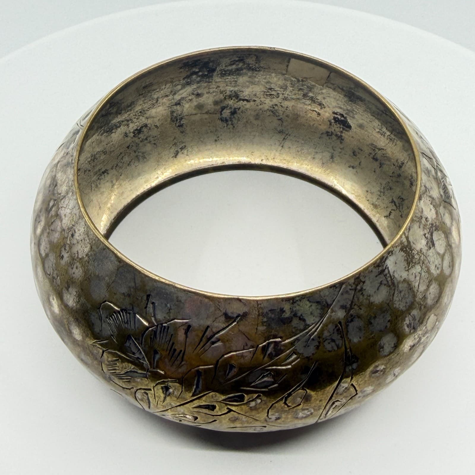 Chunky Etched Floral Cuff Bracelet Statement Metal Jewelry Unique Artisan Gift - Thumbnail 5