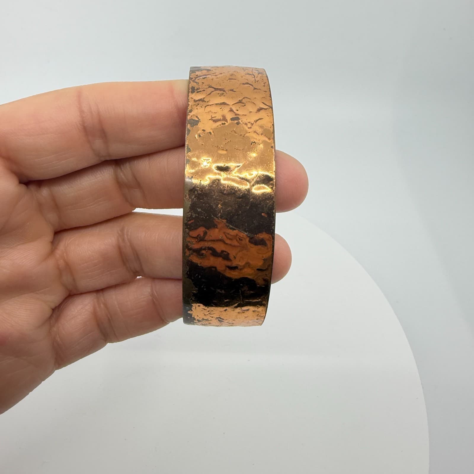 Hand Hammered Copper Tone Cuff Bracelet Wide Rustic Statement Artisan Accessory - Thumbnail 2