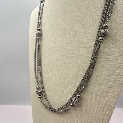 Vintage 80s Silver Tone Domonique CZ Triple Layered Box Chain Necklace Jewelry - Thumbnail 6