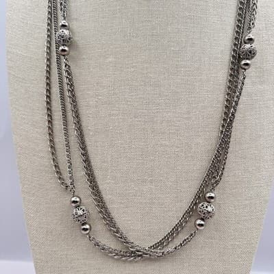 Vintage 80s Silver Tone Domonique CZ Triple Layered Box Chain Necklace Jewelry - Thumbnail 2