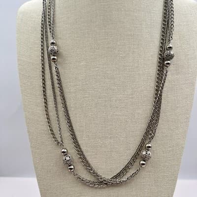 Vintage 80s Silver Tone Domonique CZ Triple Layered Box Chain Necklace Jewelry - Thumbnail 7