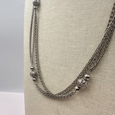Vintage 80s Silver Tone Domonique CZ Triple Layered Box Chain Necklace Jewelry - Thumbnail 5