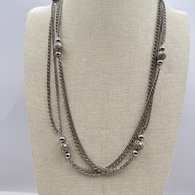 Vintage 80s Silver Tone Domonique CZ Triple Layered Box Chain Necklace Jewelry