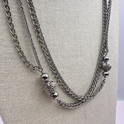 Vintage 80s Silver Tone Domonique CZ Triple Layered Box Chain Necklace Jewelry - Thumbnail 4