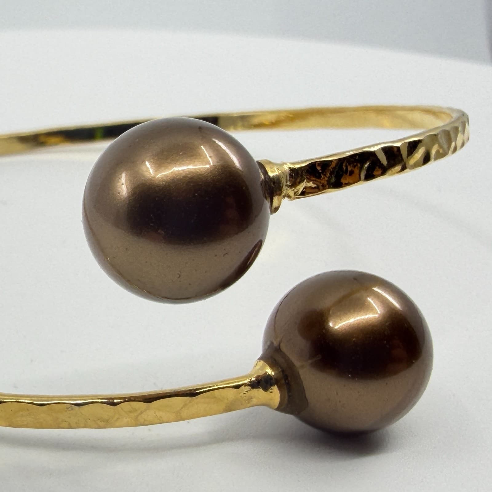 Gold Tone Hammered Bypass Bracelet with Chocolate Brown Faux Pearl Accents Gift - Thumbnail 4