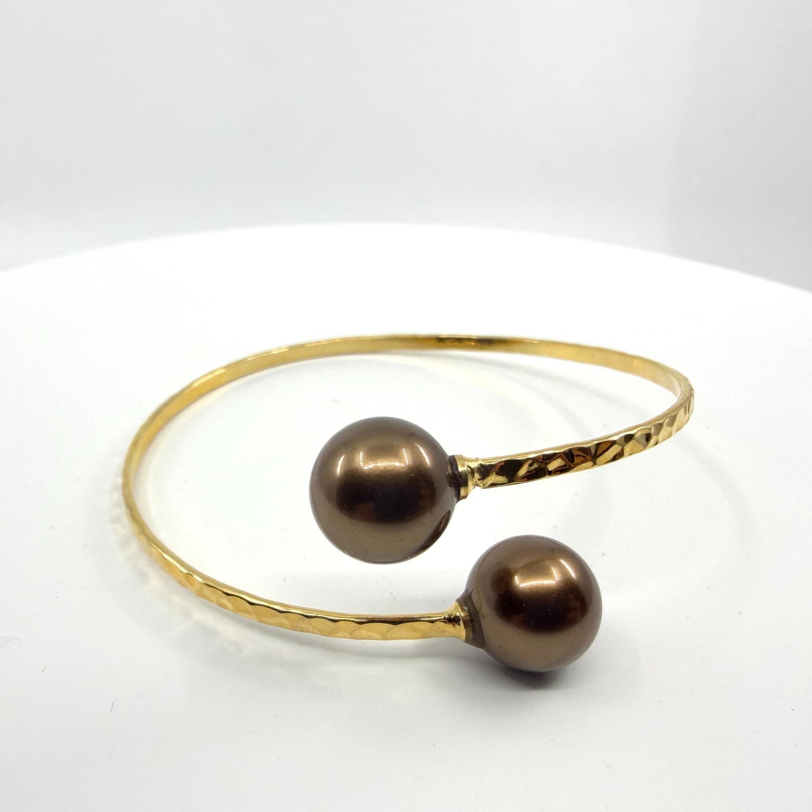 Gold Tone Hammered Bypass Bracelet with Chocolate Brown Faux Pearl Accents Gift - Thumbnail 3