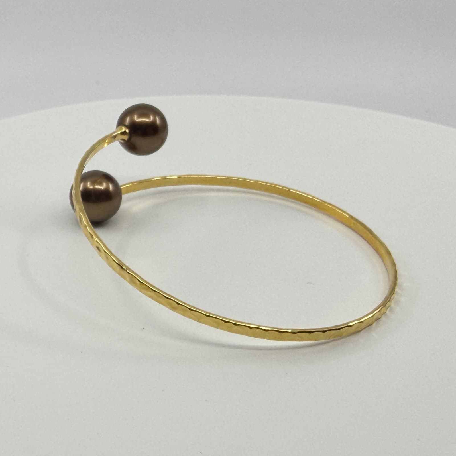Gold Tone Hammered Bypass Bracelet with Chocolate Brown Faux Pearl Accents Gift - Thumbnail 8