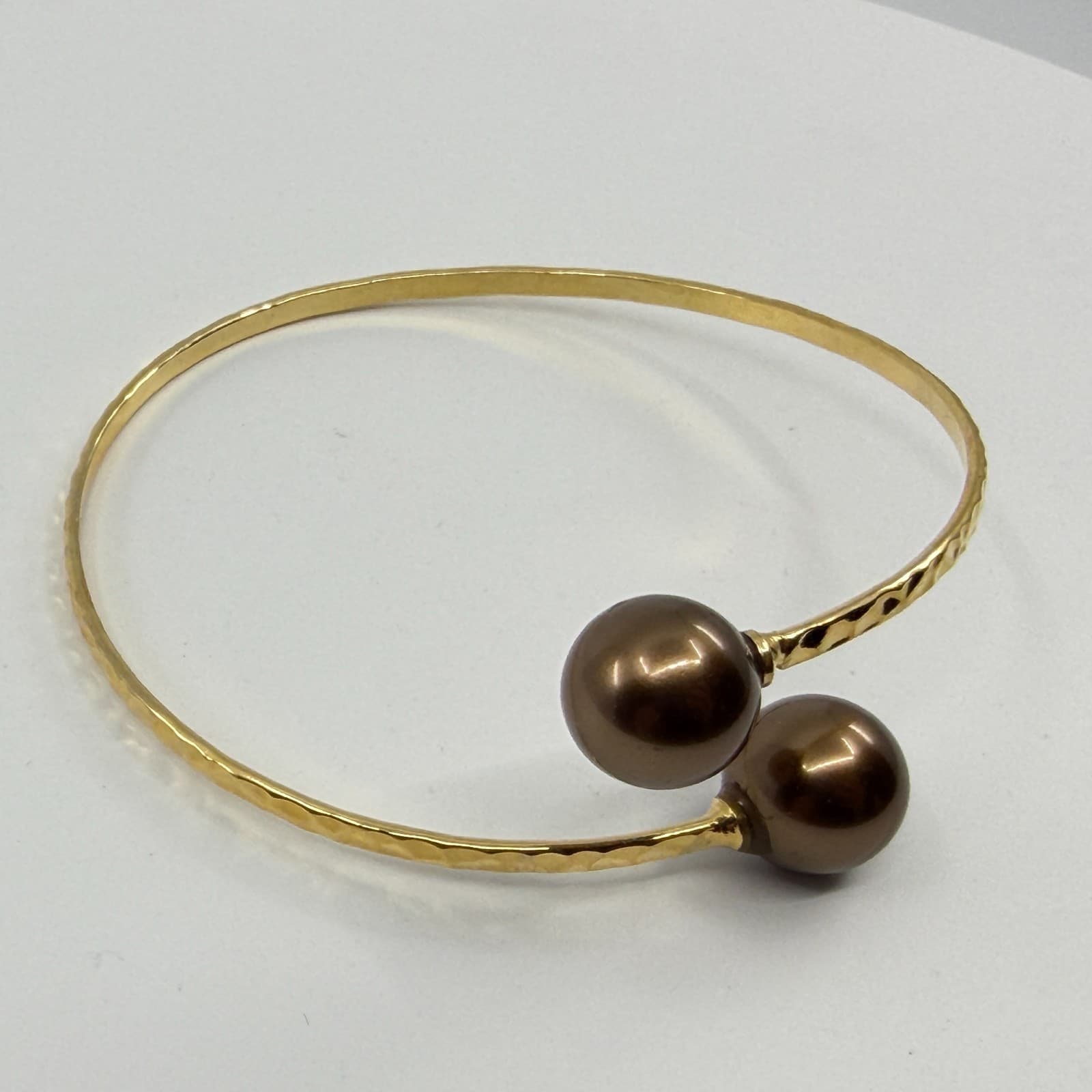 Gold Tone Hammered Bypass Bracelet with Chocolate Brown Faux Pearl Accents Gift - Thumbnail 5