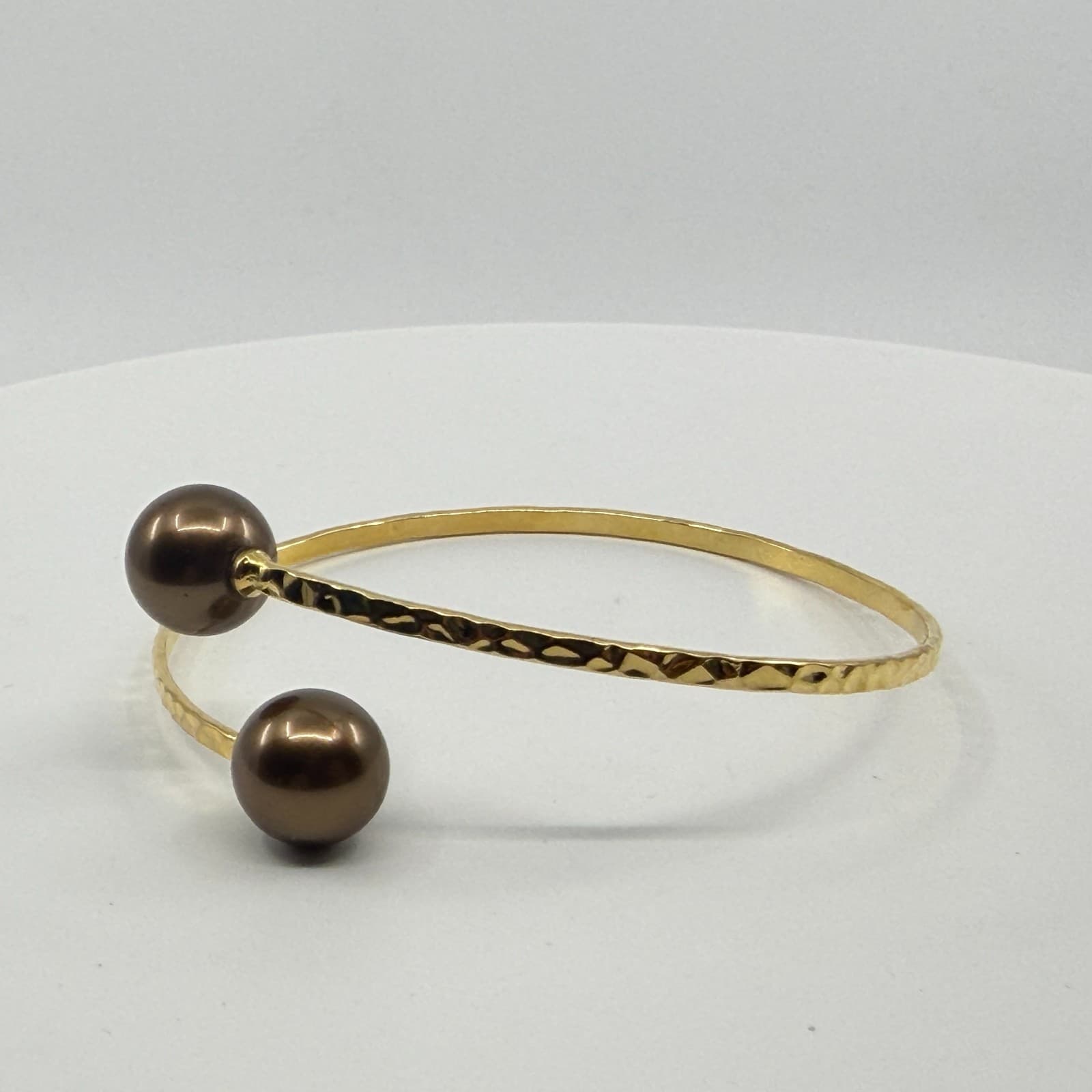 Gold Tone Hammered Bypass Bracelet with Chocolate Brown Faux Pearl Accents Gift - Thumbnail 7