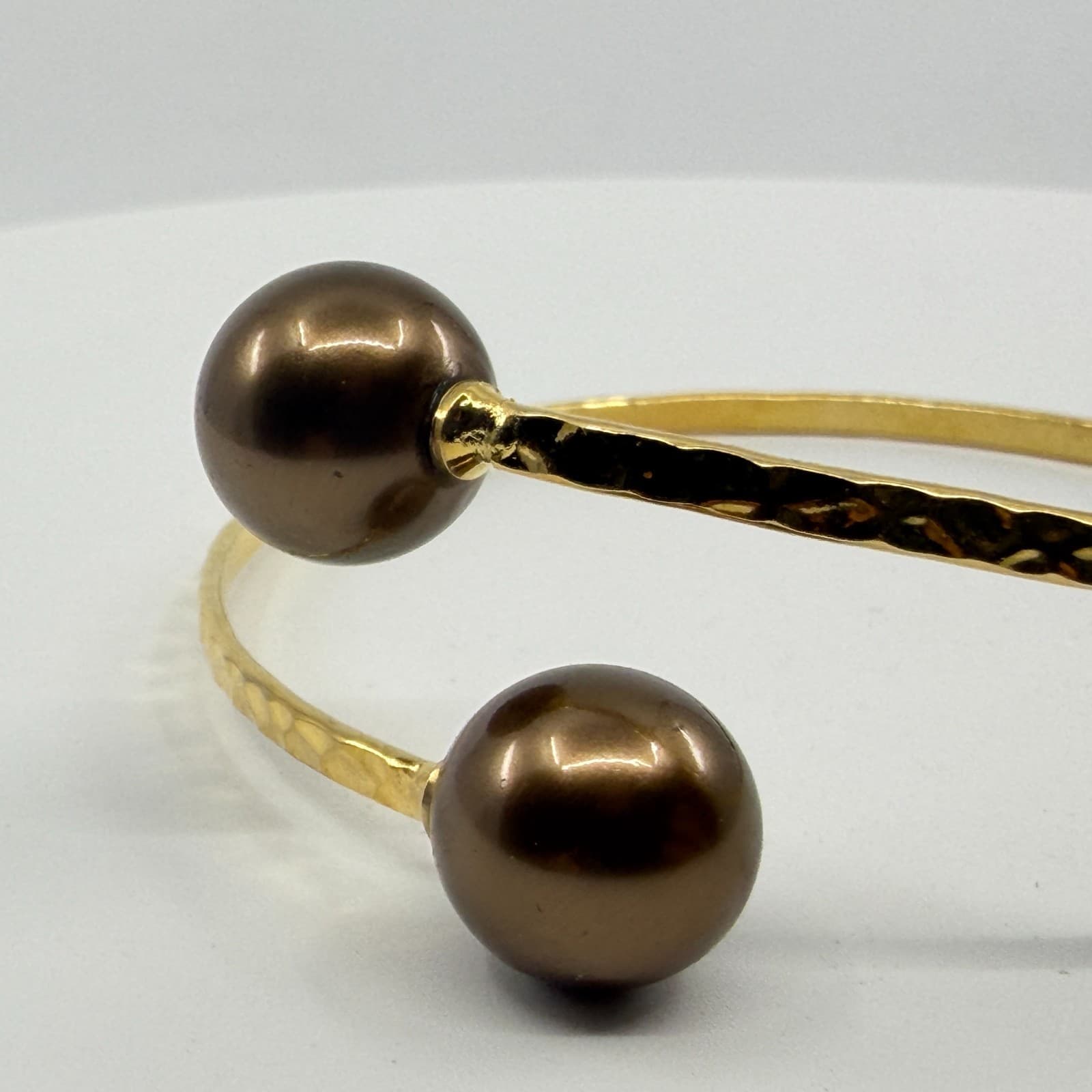 Gold Tone Hammered Bypass Bracelet with Chocolate Brown Faux Pearl Accents Gift - Thumbnail 6