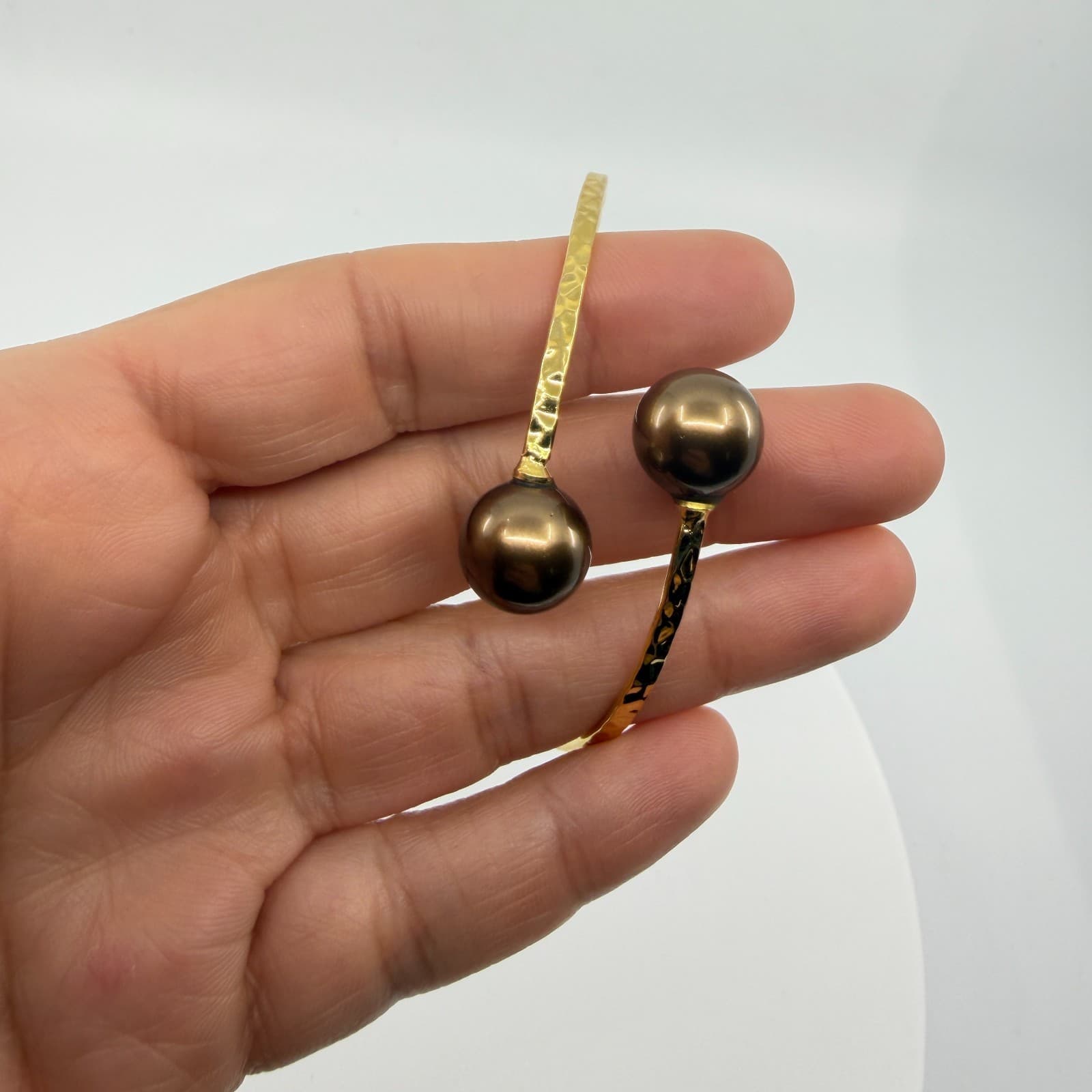 Gold Tone Hammered Bypass Bracelet with Chocolate Brown Faux Pearl Accents Gift - Thumbnail 2