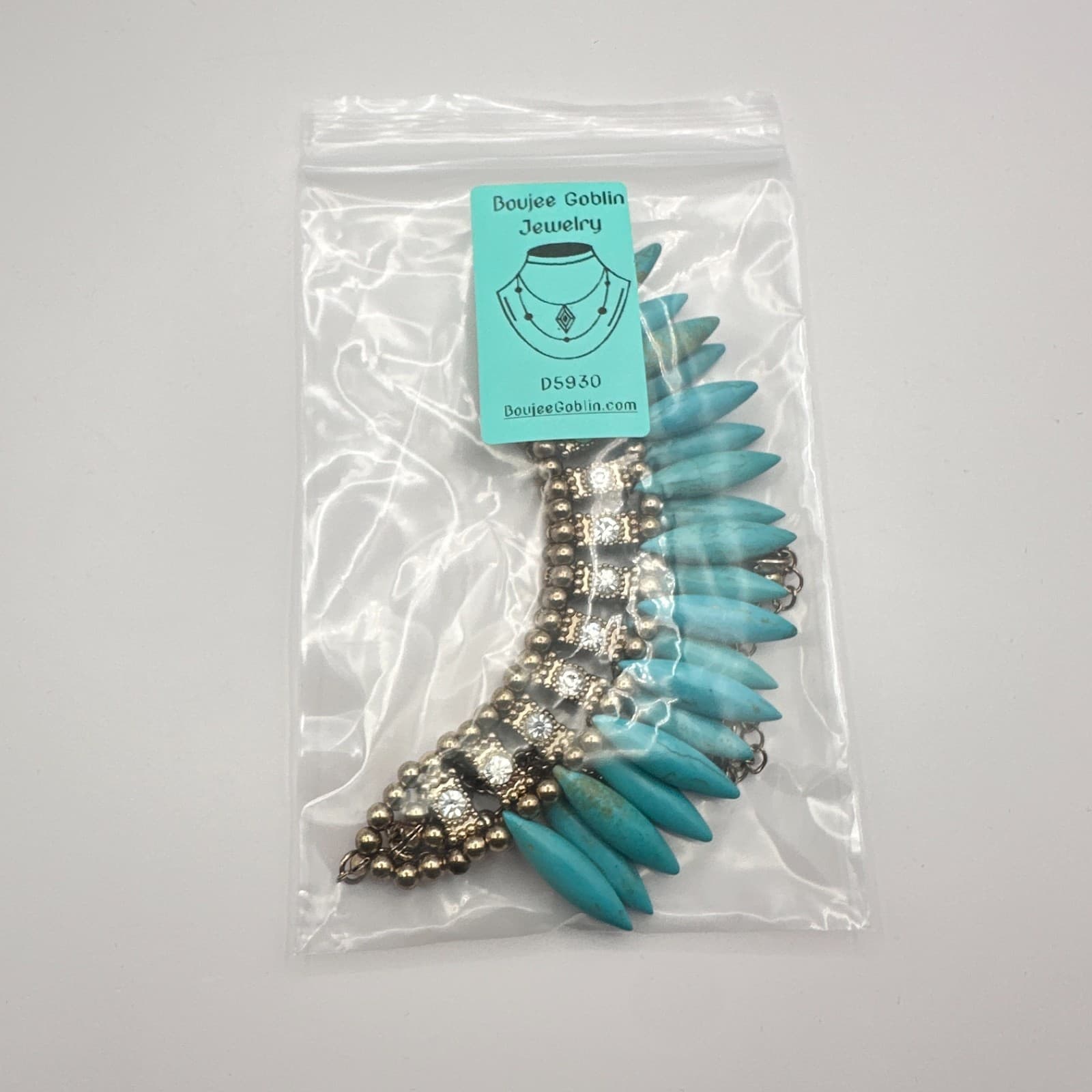 Vintage 90s Gold Tone Turquoise Clear Rhinestone Bib Necklace Women's Jewelry - Thumbnail 8