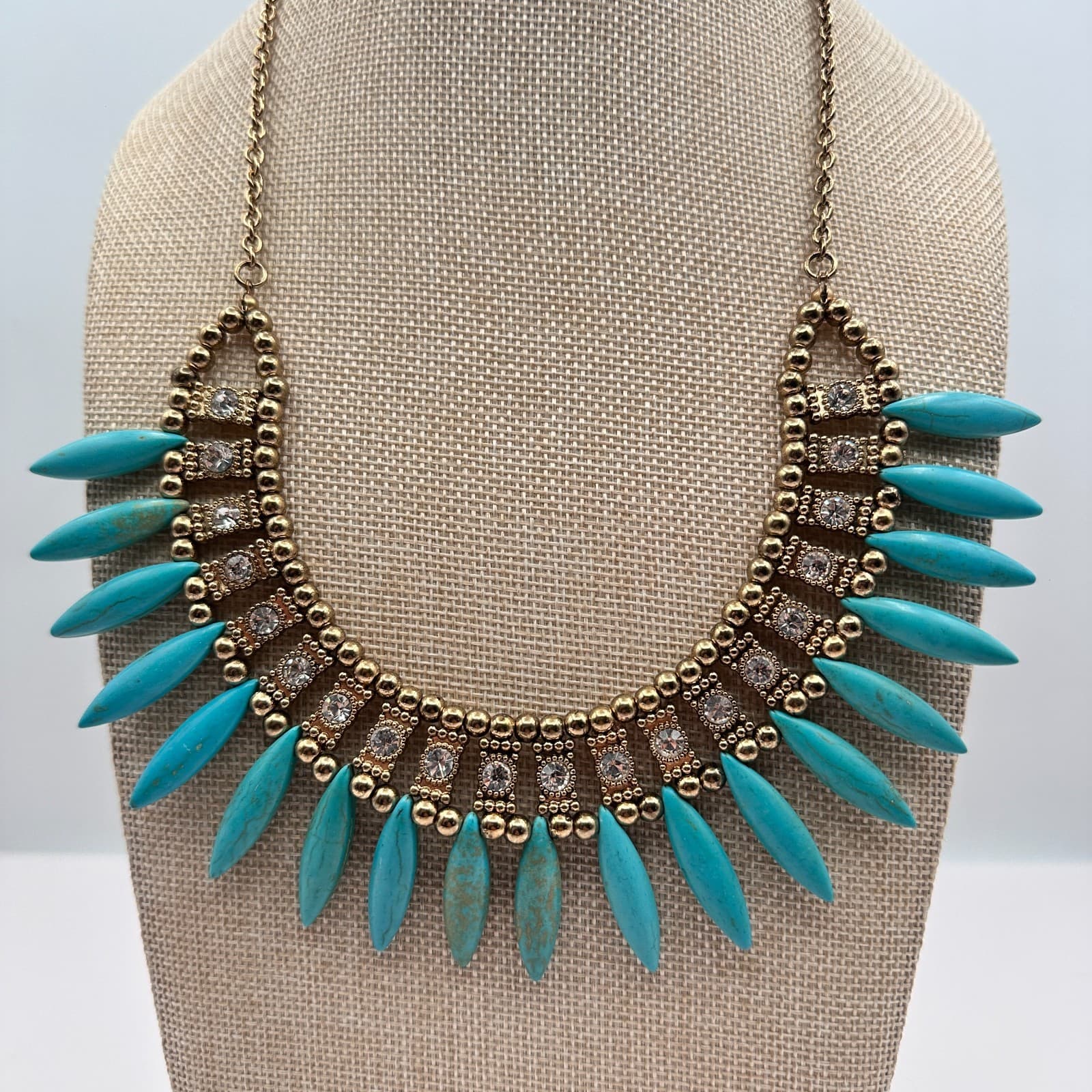 Vintage 90s Gold Tone Turquoise Clear Rhinestone Bib Necklace Women's Jewelry - Thumbnail 7