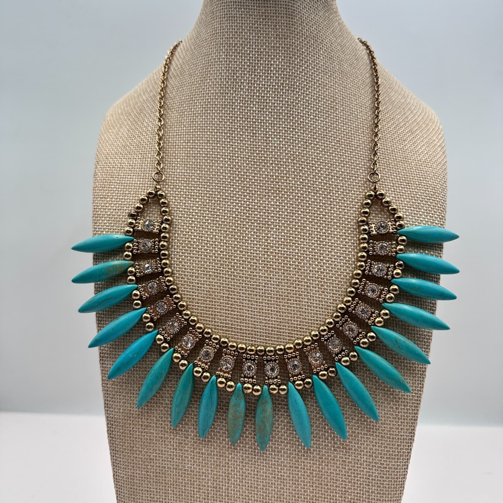 Vintage 90s Gold Tone Turquoise Clear Rhinestone Bib Necklace Women's Jewelry - Thumbnail 6