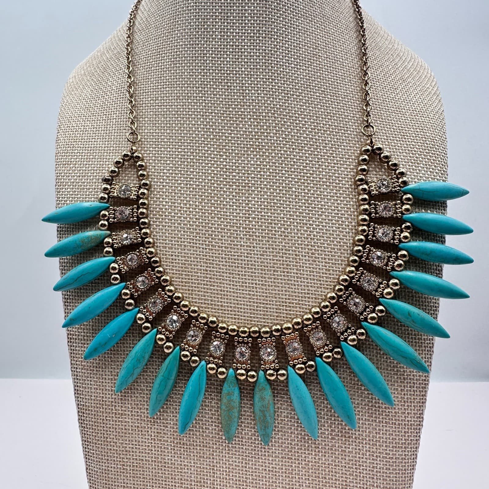 Vintage 90s Gold Tone Turquoise Clear Rhinestone Bib Necklace Women's Jewelry - Thumbnail 3