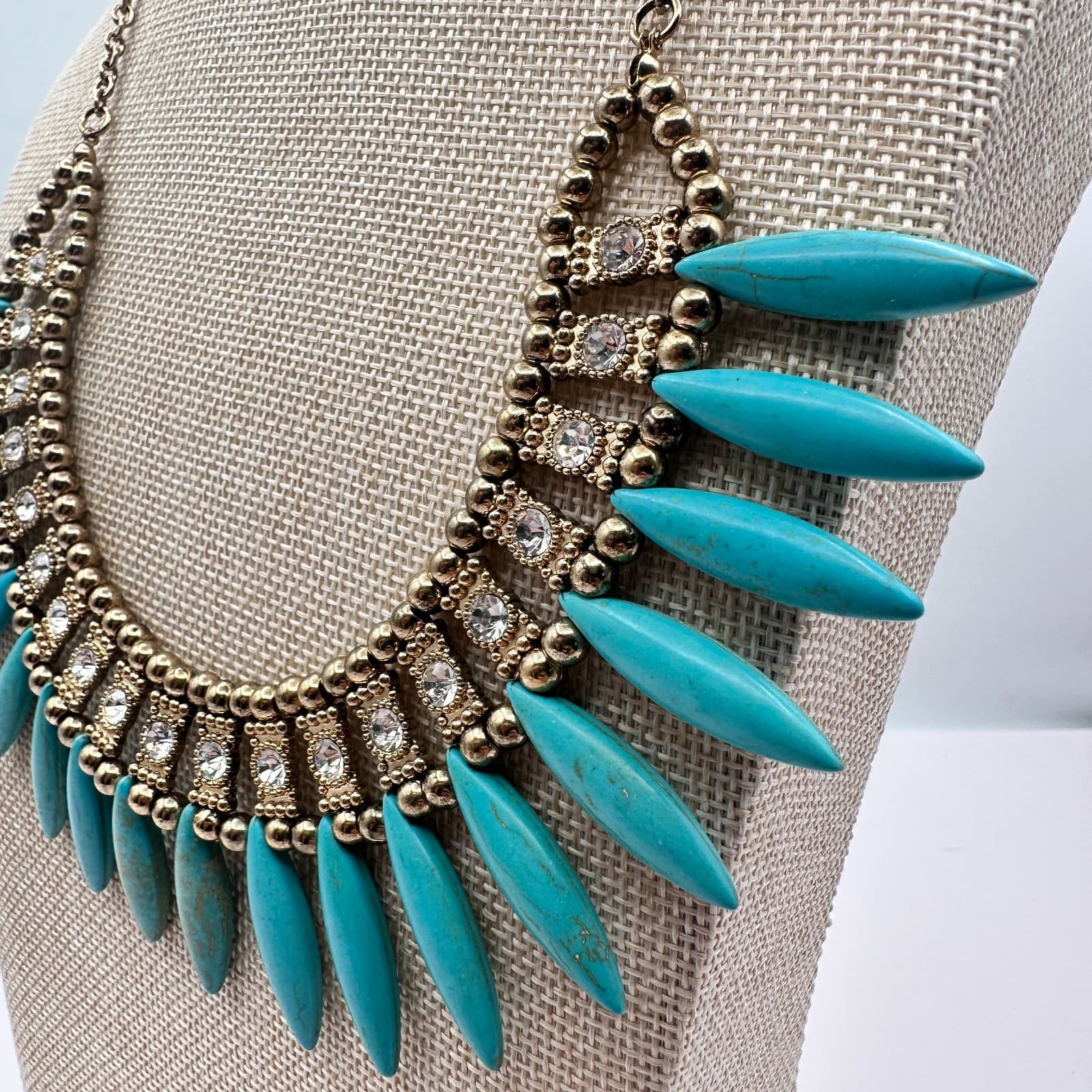 Vintage 90s Gold Tone Turquoise Clear Rhinestone Bib Necklace Women's Jewelry - Thumbnail 2